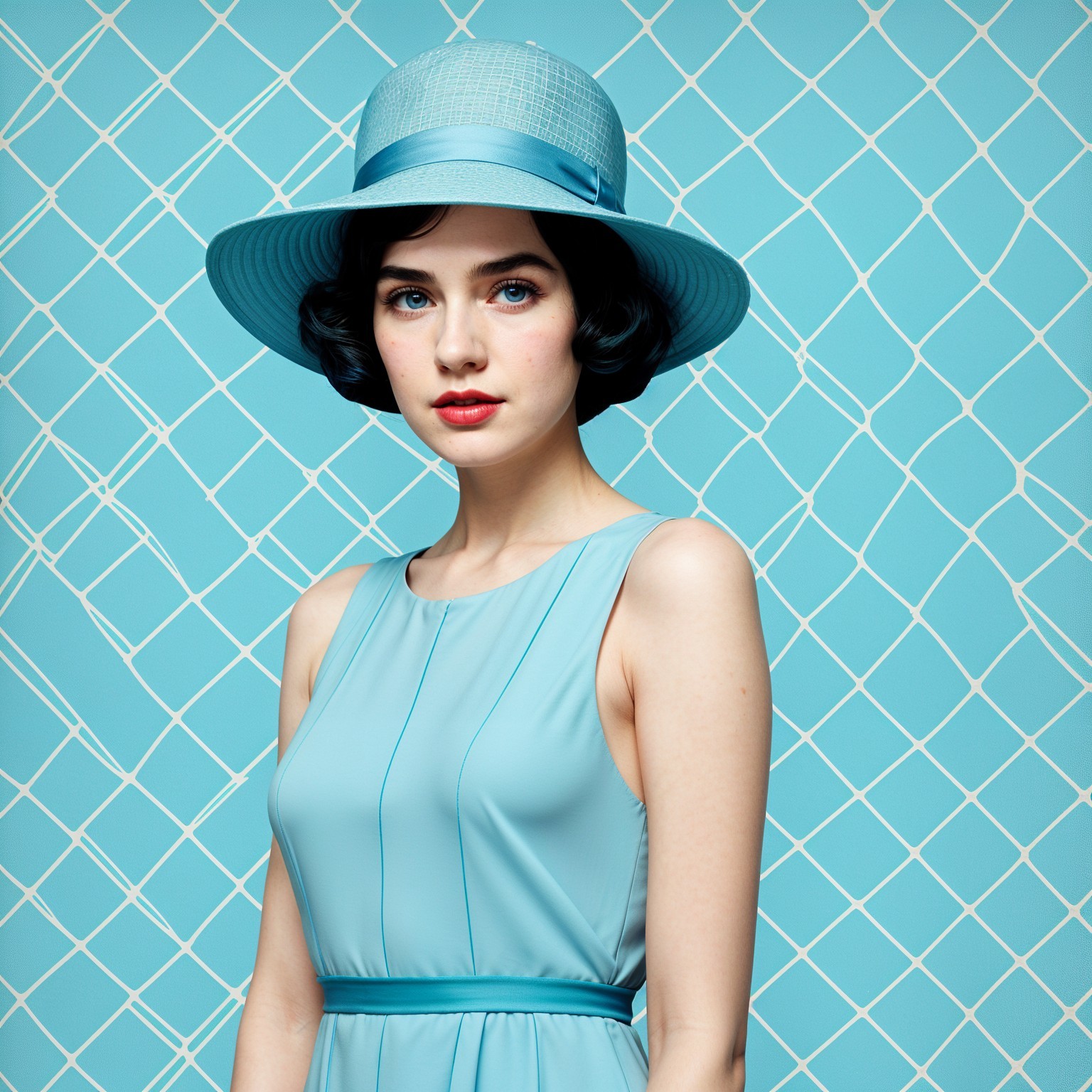 Stylish Young Woman in Light Blue Dress and Hat