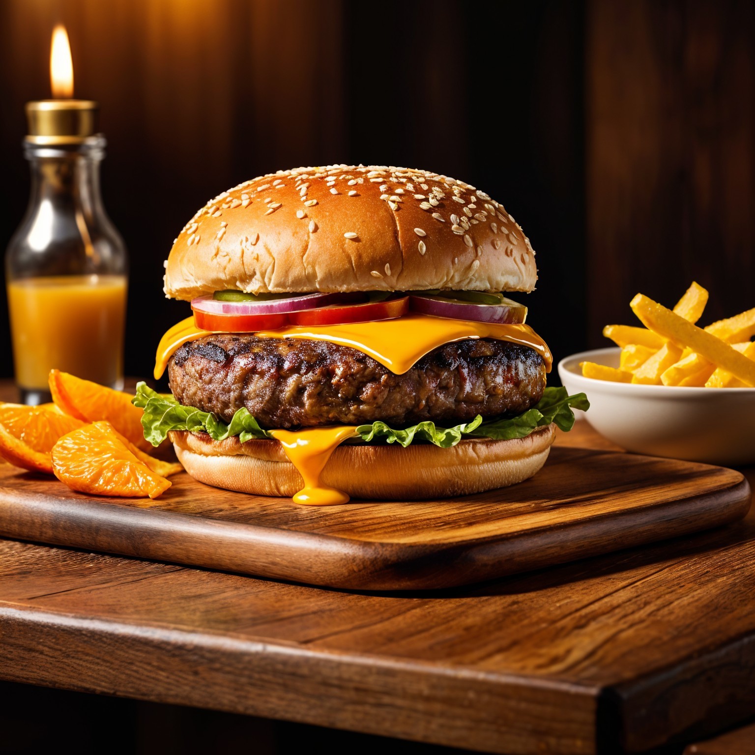 Cheeseburger with Fries and Orange Slices on Platter