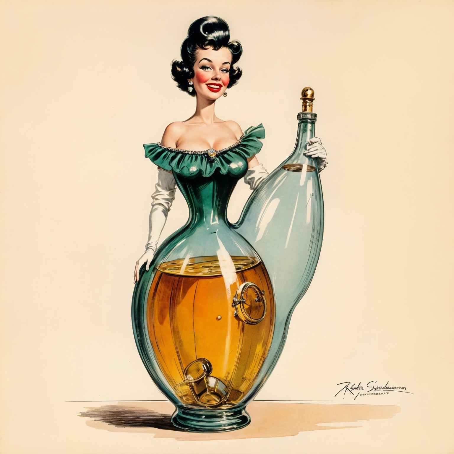 Whimsical Illustration of a Glamorous Woman as Perfume