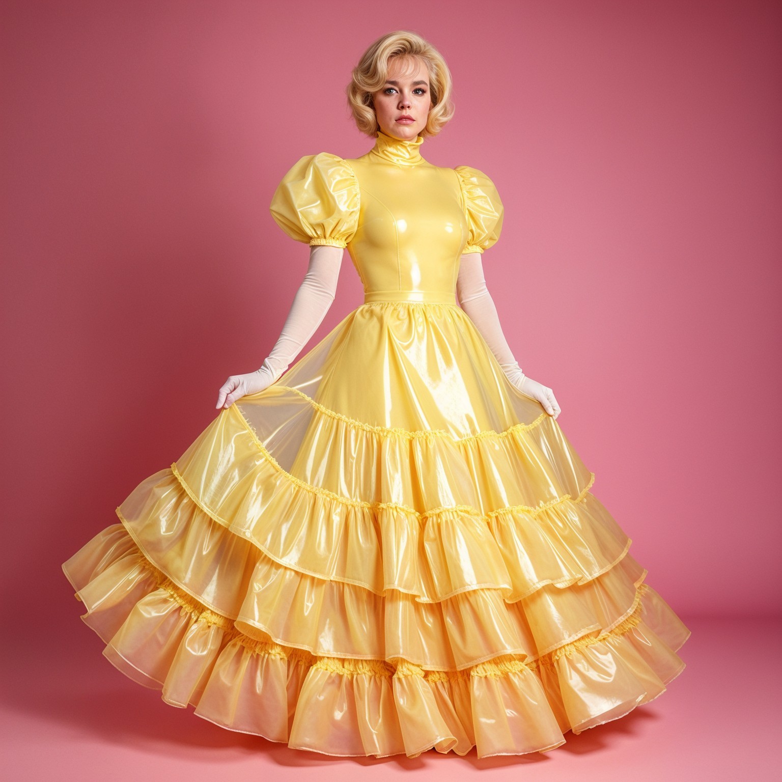 Yellow Gown with Puffed Sleeves and Ruffles