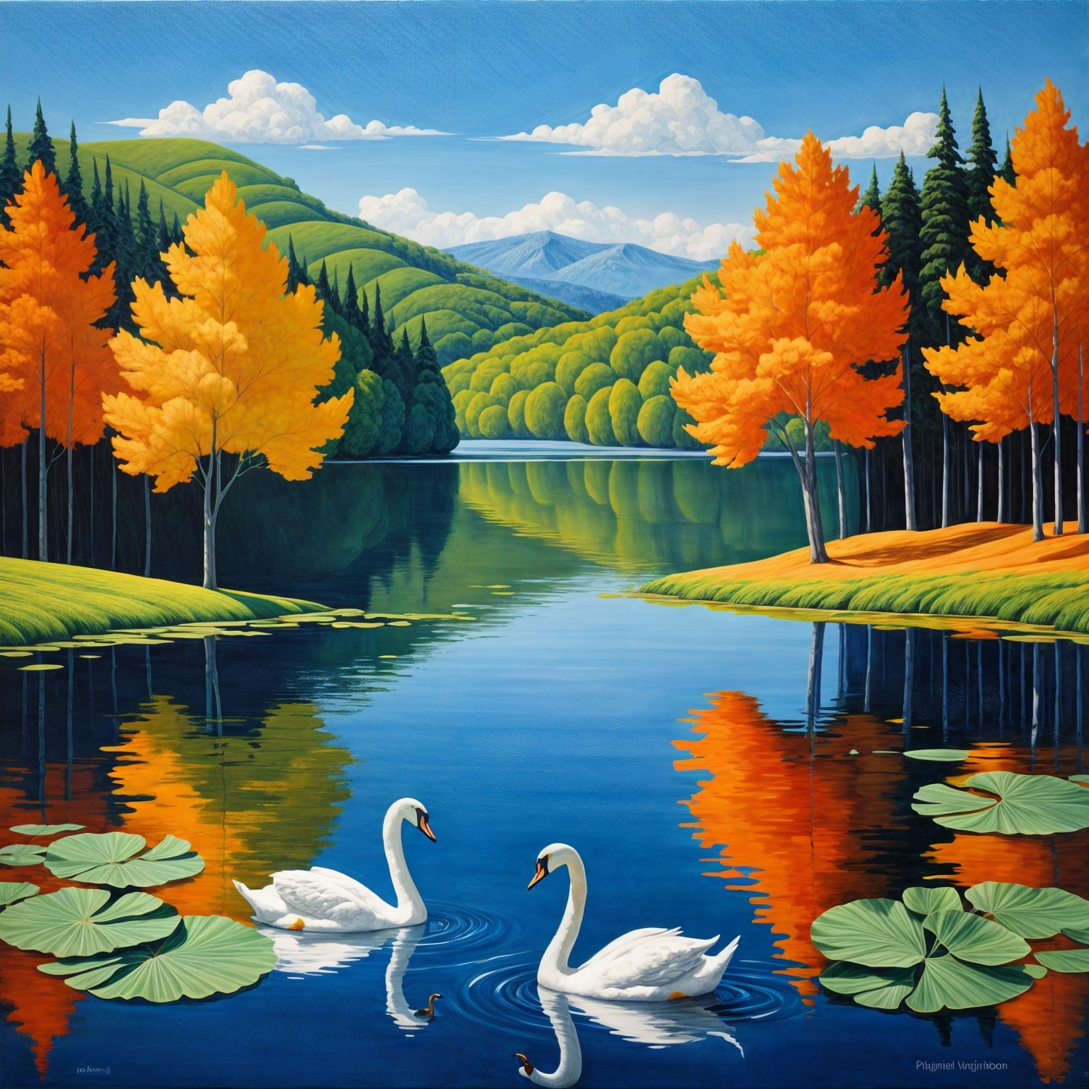 Serene Lake with Swans and Vibrant Autumn Foliage