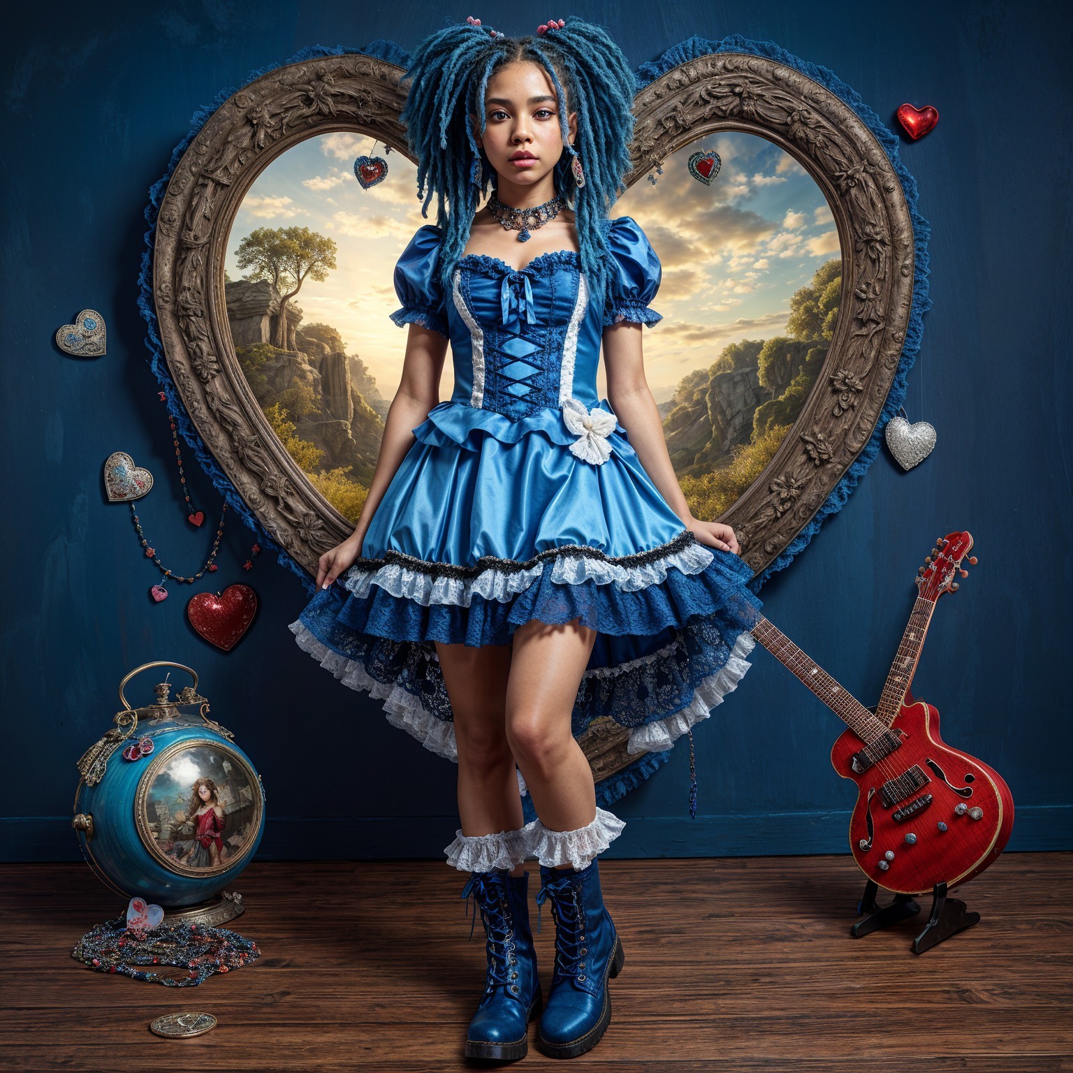 Young woman in blue dress with heart-themed decor