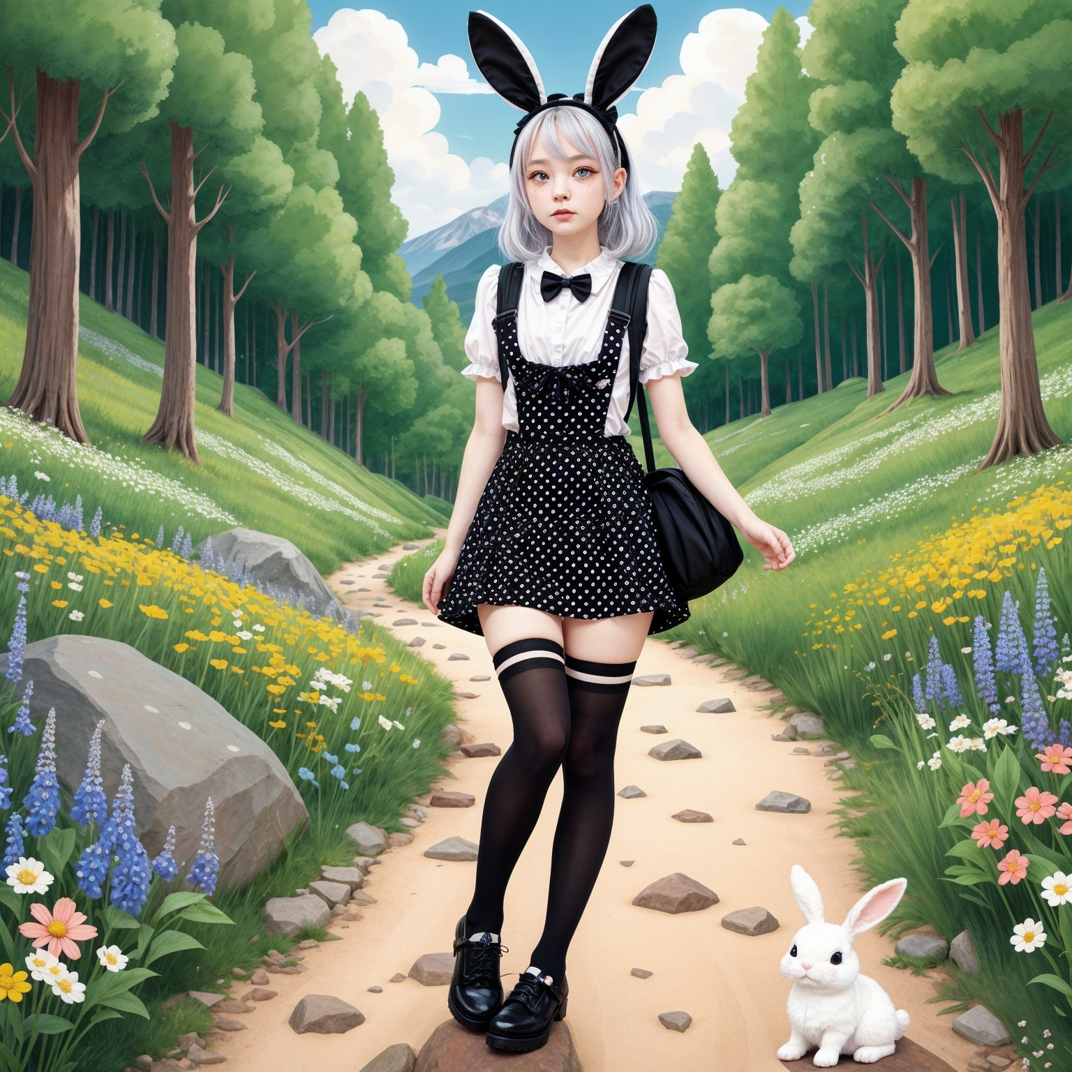 Young woman in polka-dot dress on forest path with bunny
