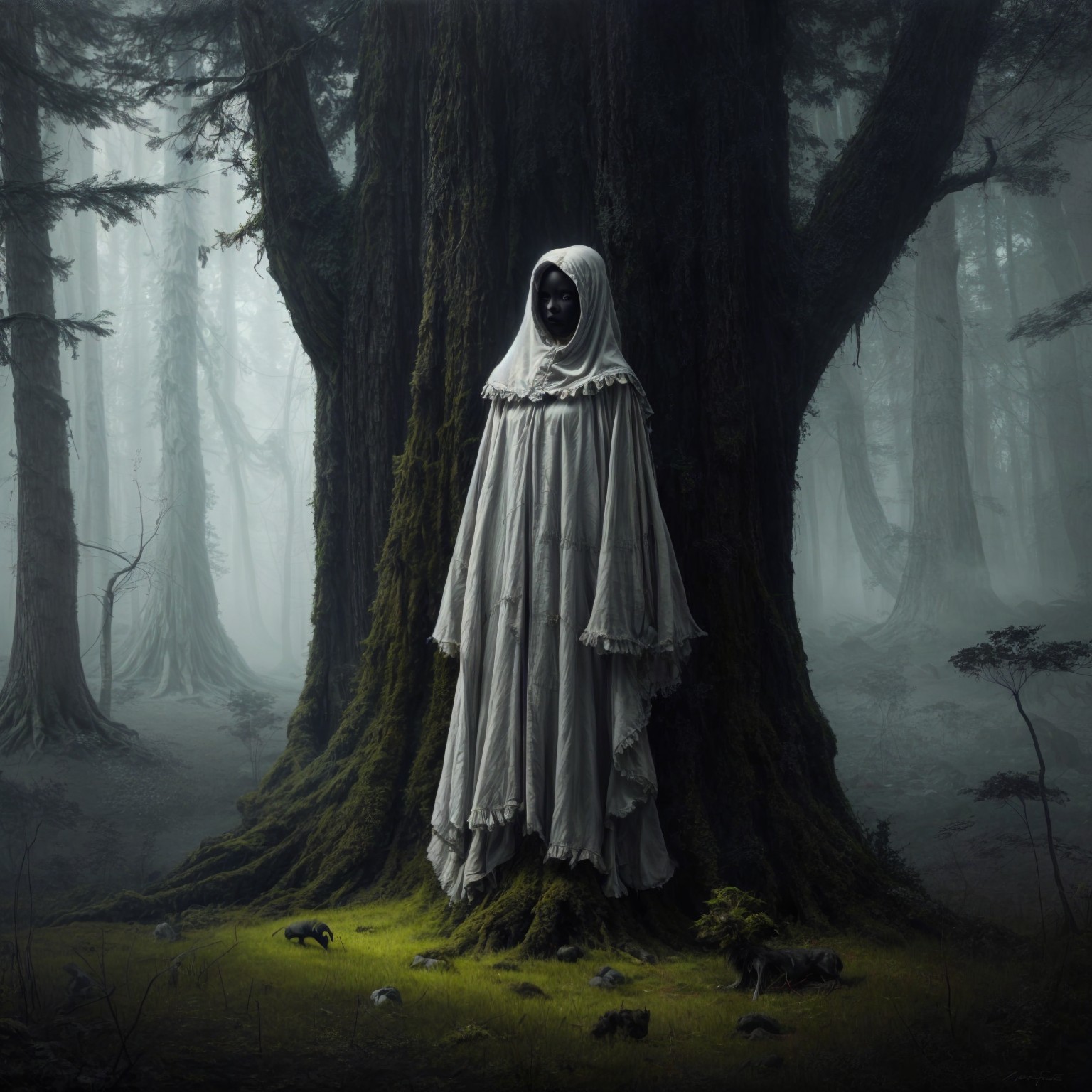 Cloaked Figure Beneath Ancient Tree in Misty Forest