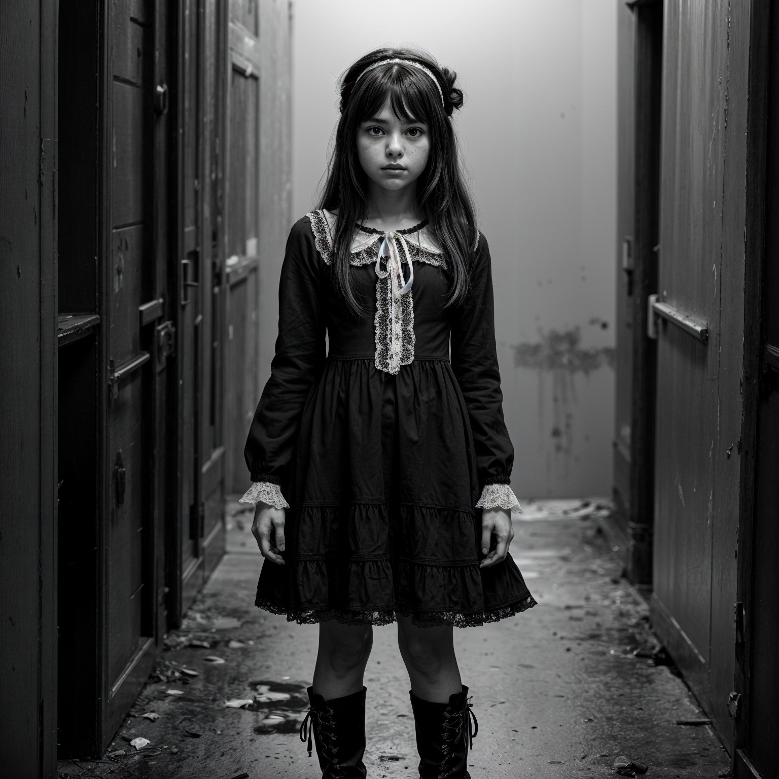 Young girl in vintage dress in dimly lit hallway