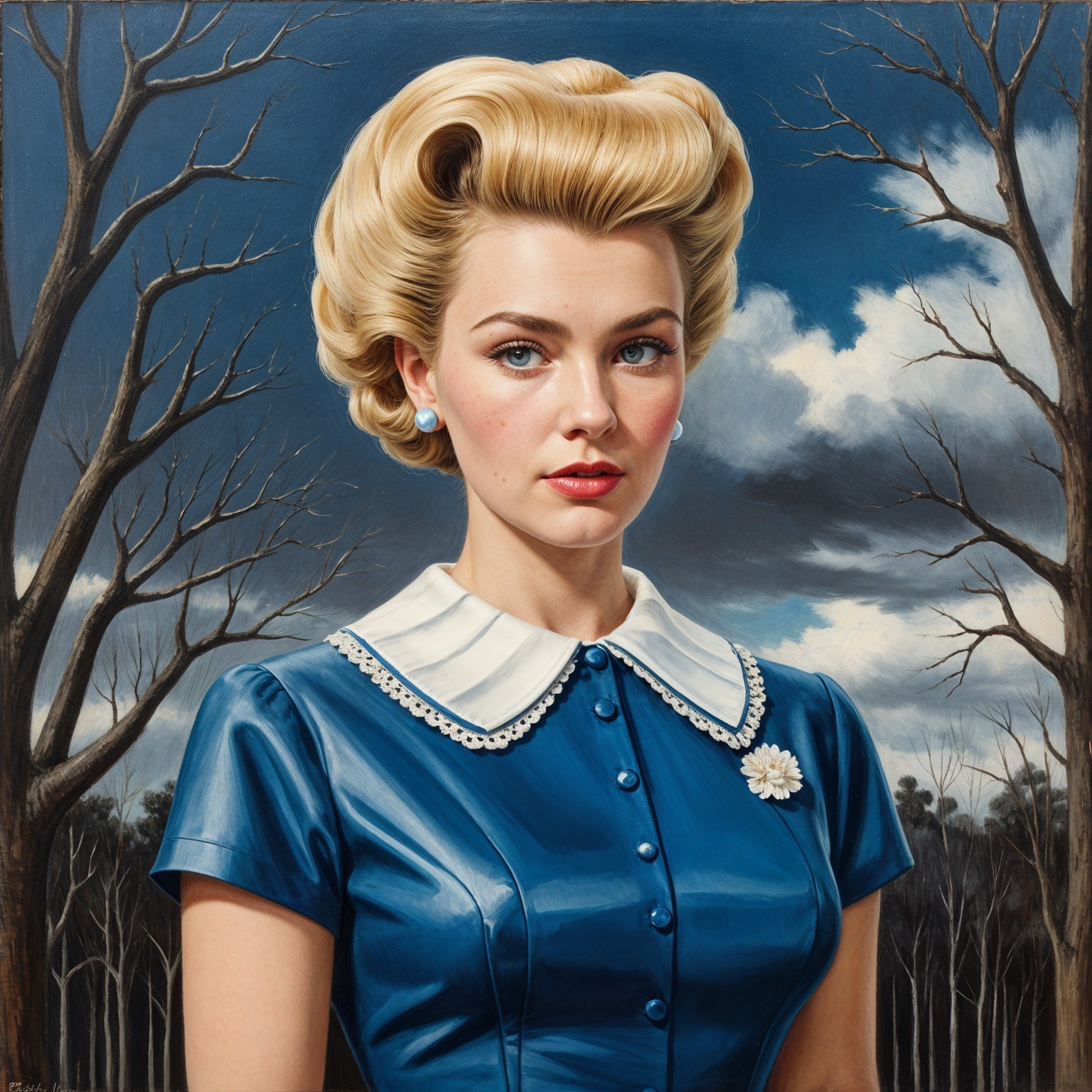Young Woman in Vintage Dress Against Barren Trees