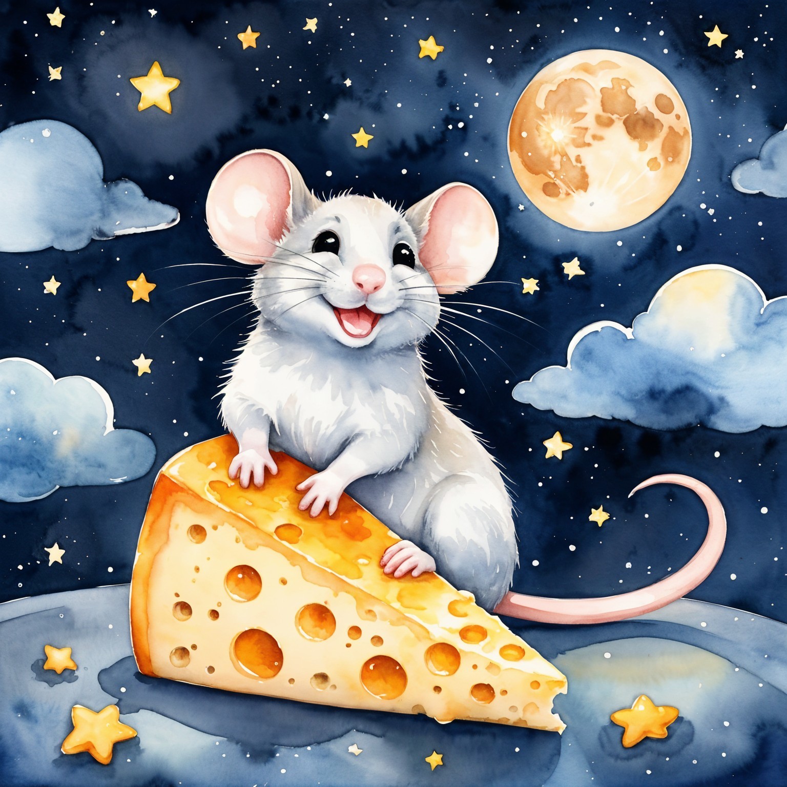 Cheerful cartoon mouse on cheese under starry night sky
