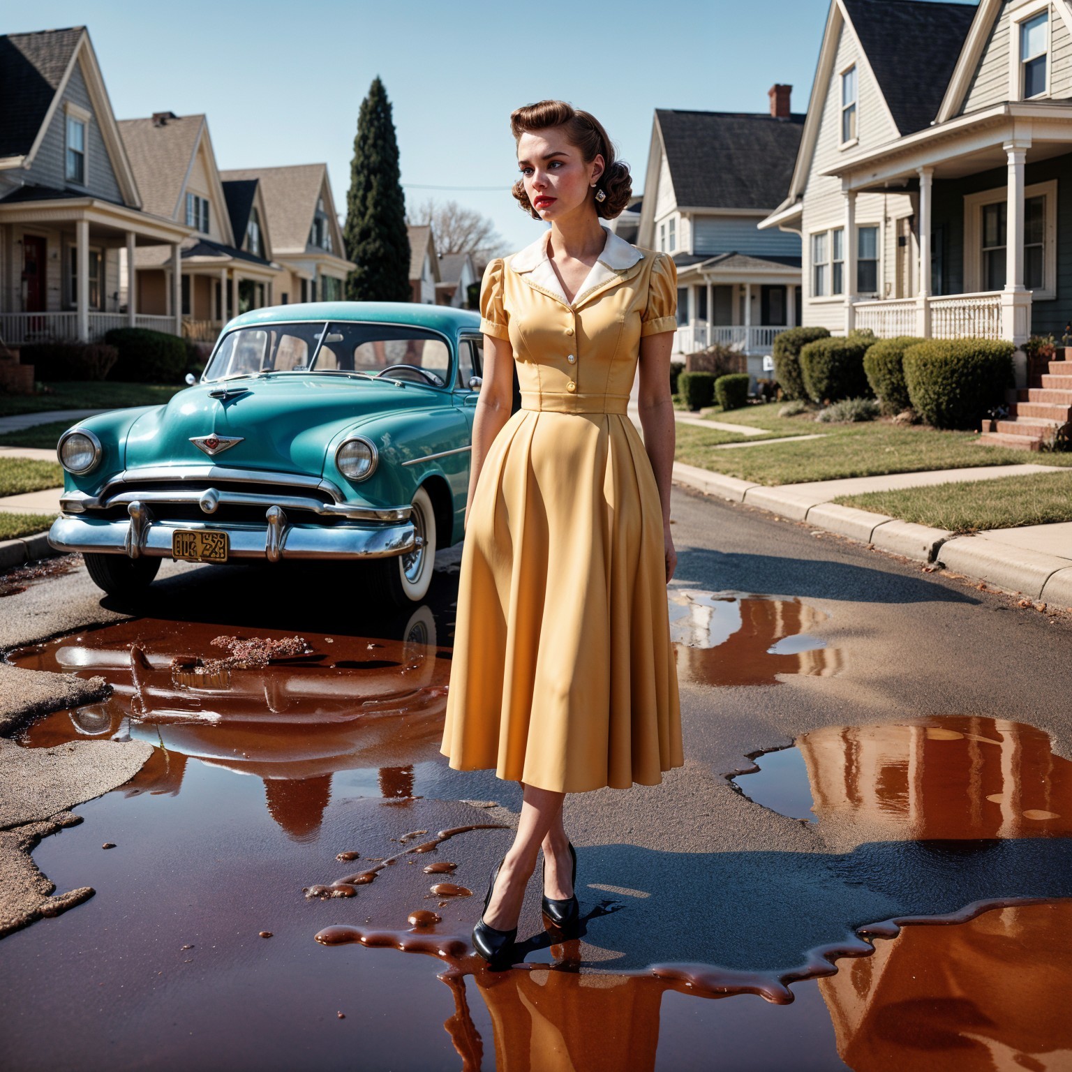 Vintage Yellow Dress on Suburban Street with Classic Car
