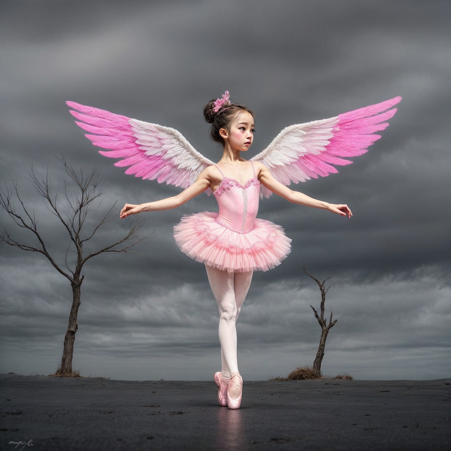 Ballerina with Wings in Dreamlike Landscape