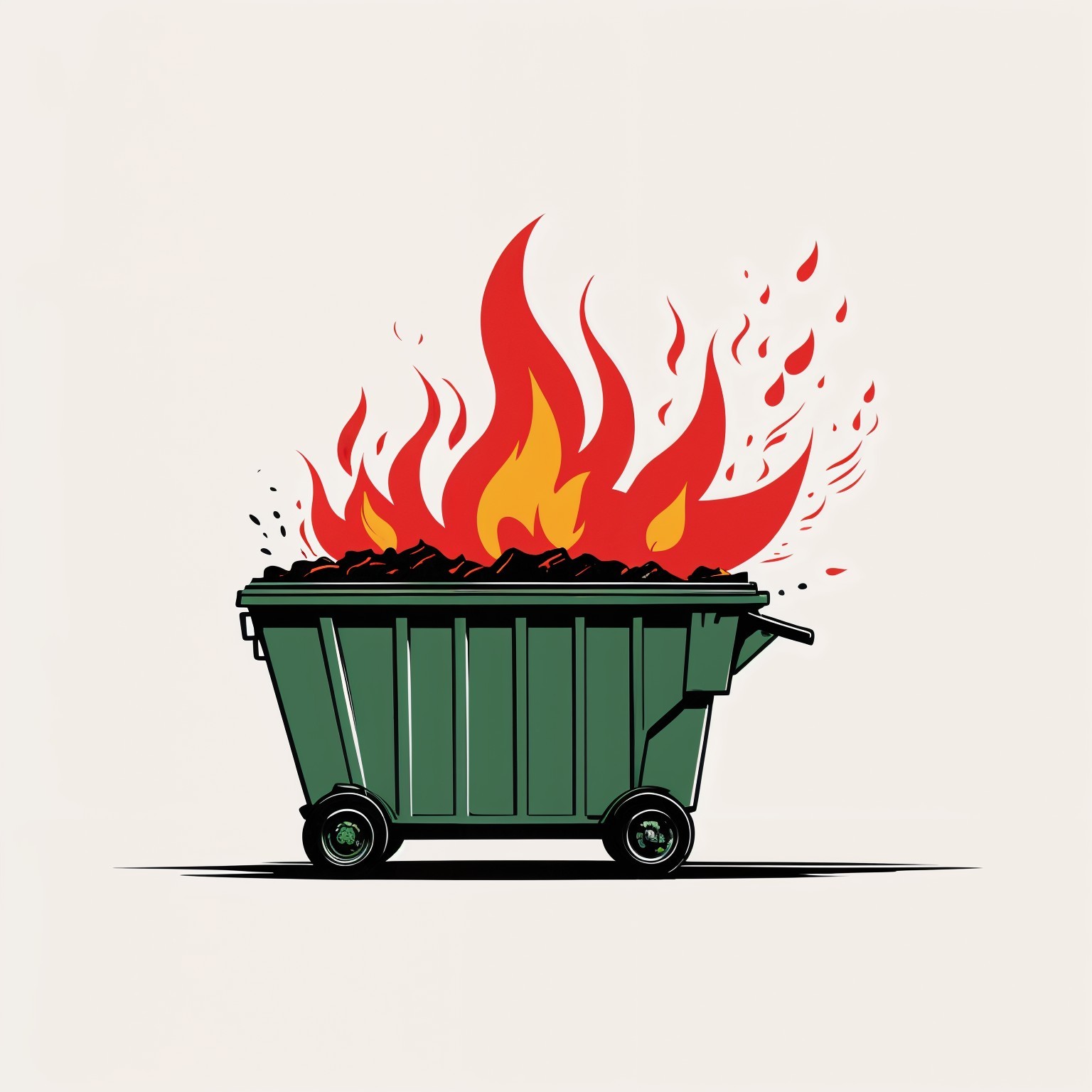 Green Dumpster Overflowing with Flames and Debris