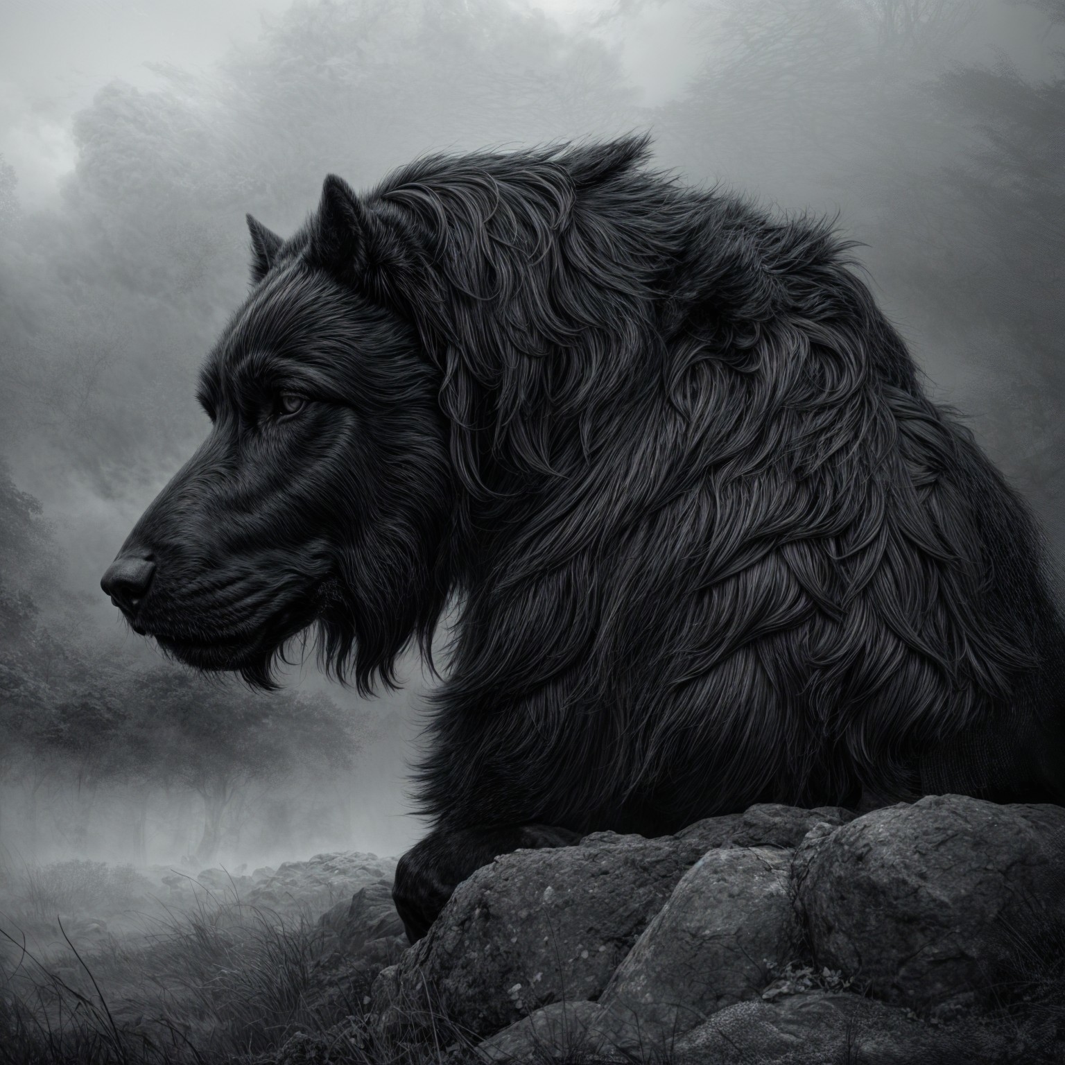 Majestic Black Creature in Misty Gray Landscape