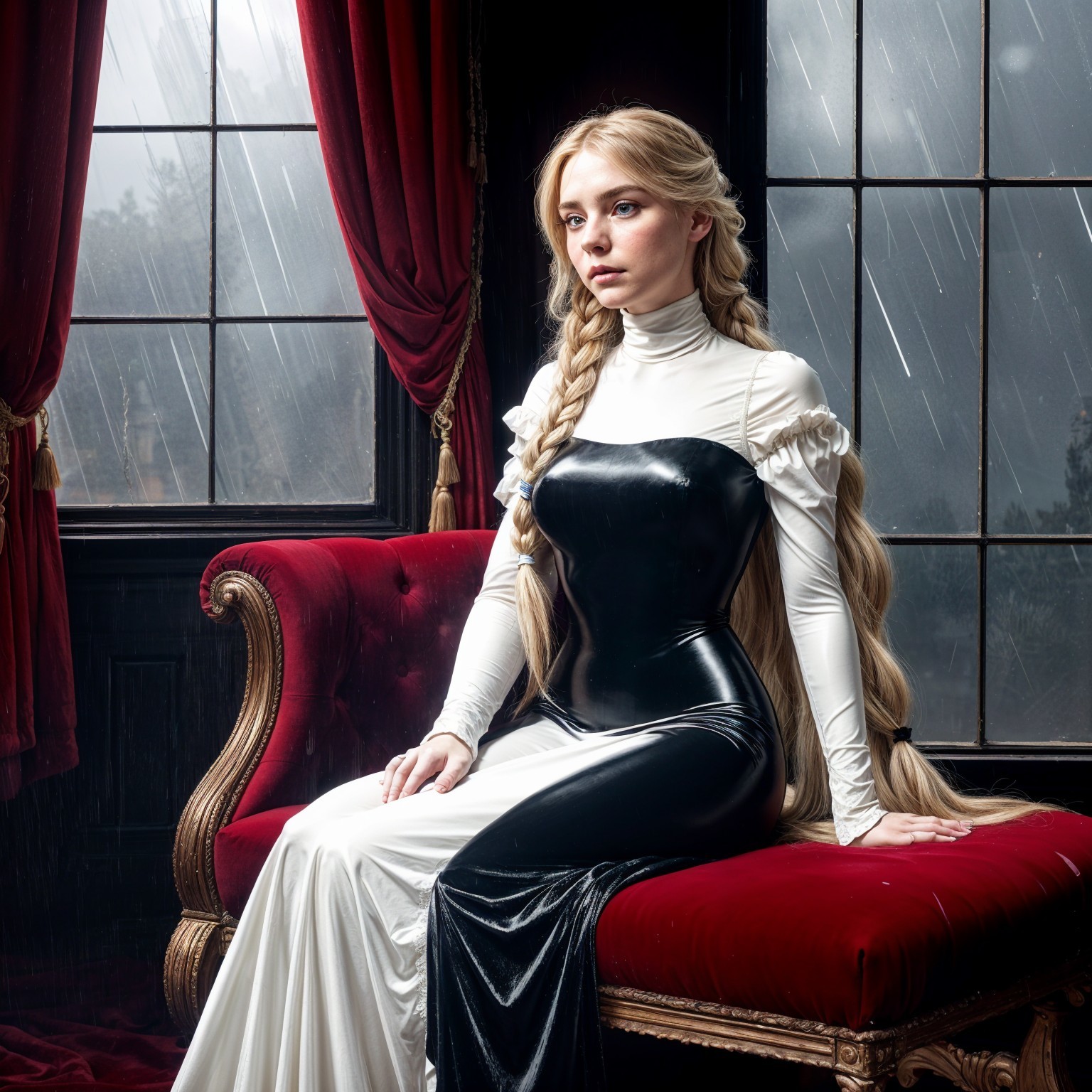 Elegant Figure on Red Velvet Sofa in Dramatic Setting