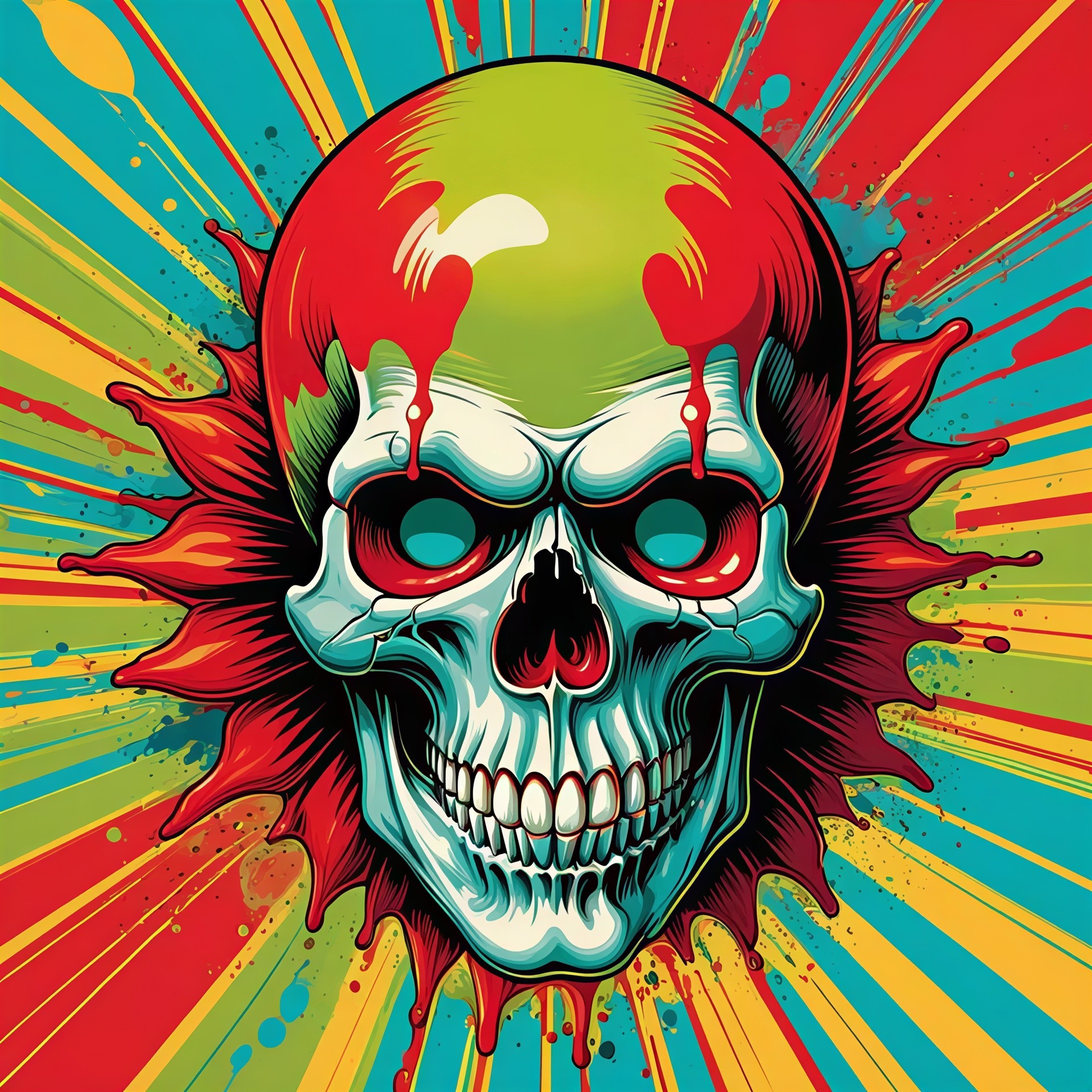 Pop Art Skull with Red Halo and Multicolored Background