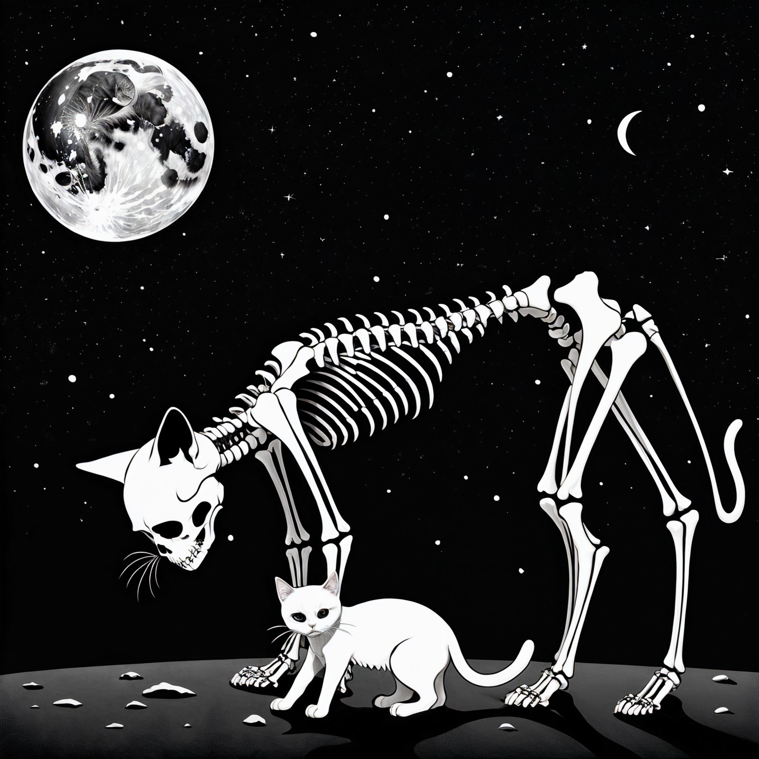 Skeletal Cat on Lunar Surface with Starry Sky Backdrop