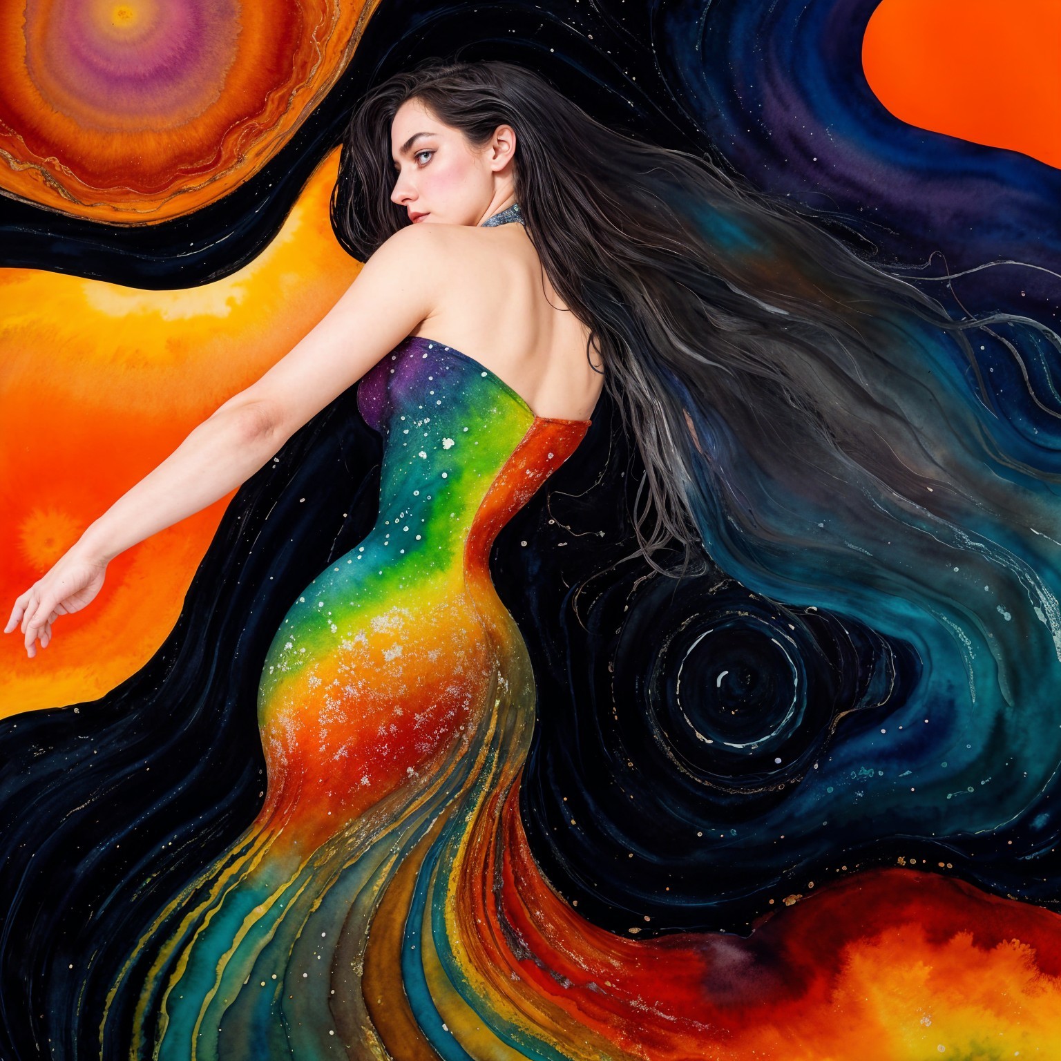 Cosmic Figure in Rainbow Dress Among Swirling Galaxies