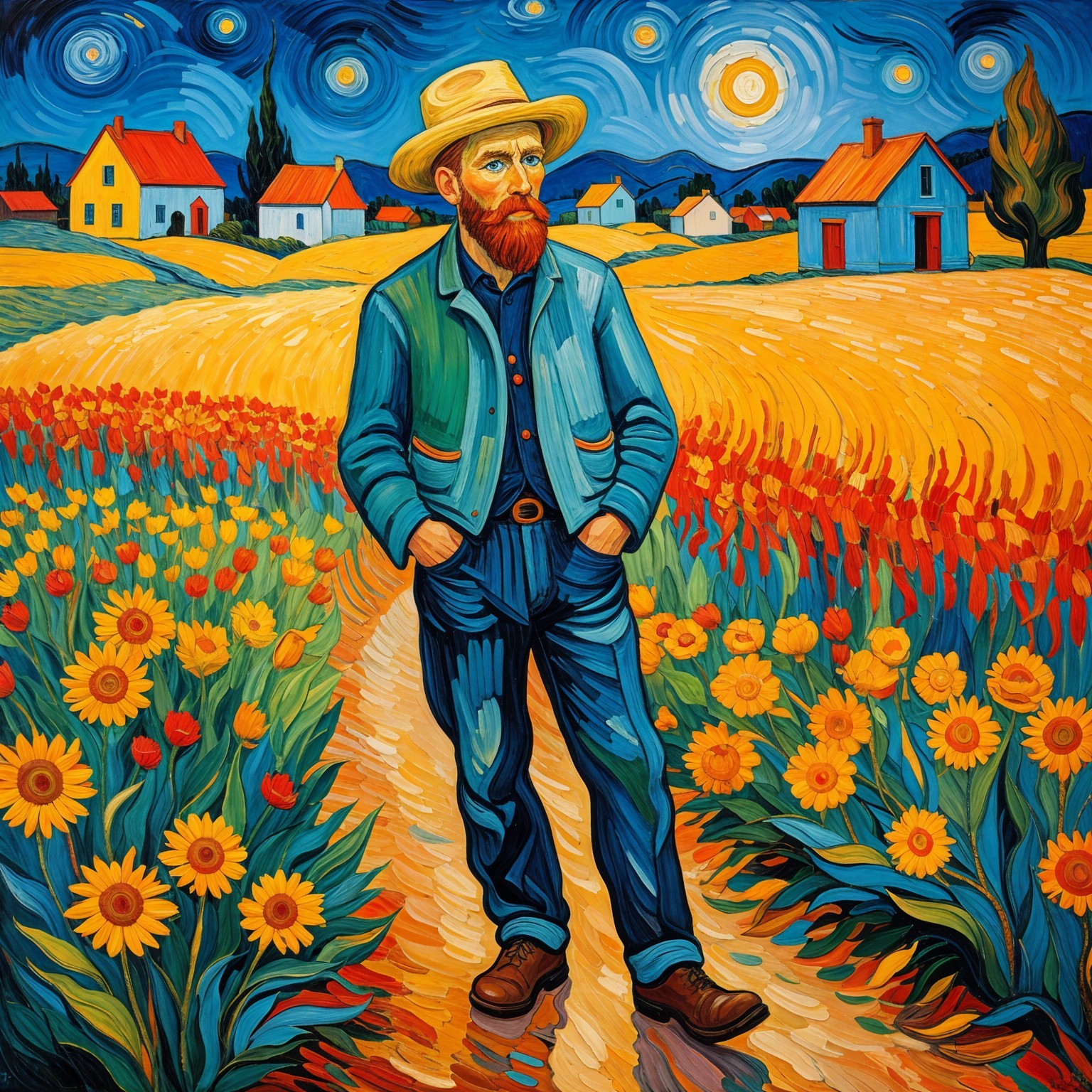 Impressionistic Scene of Man Among Sunflowers at Night