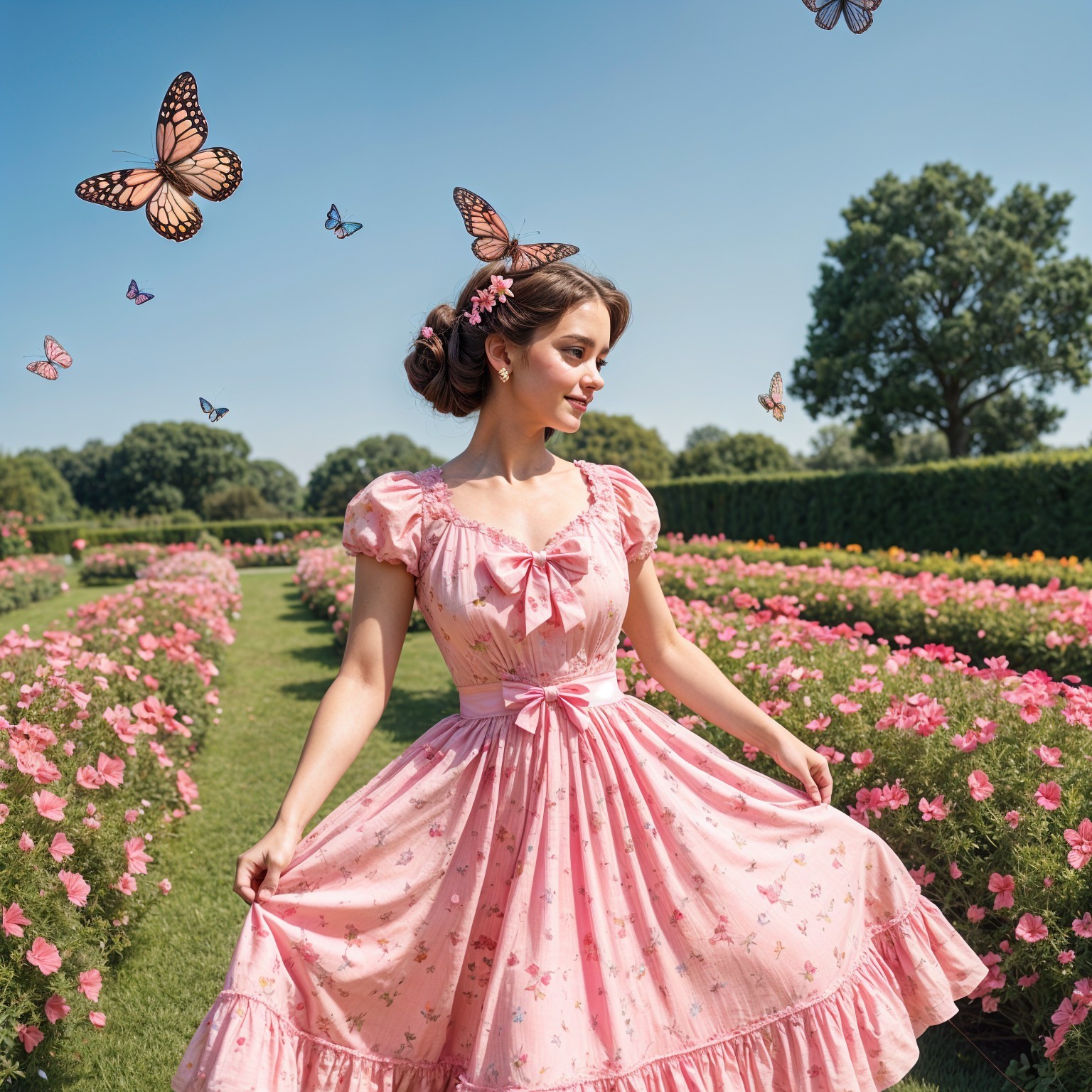 Woman in Pink Floral Dress in Vibrant Garden