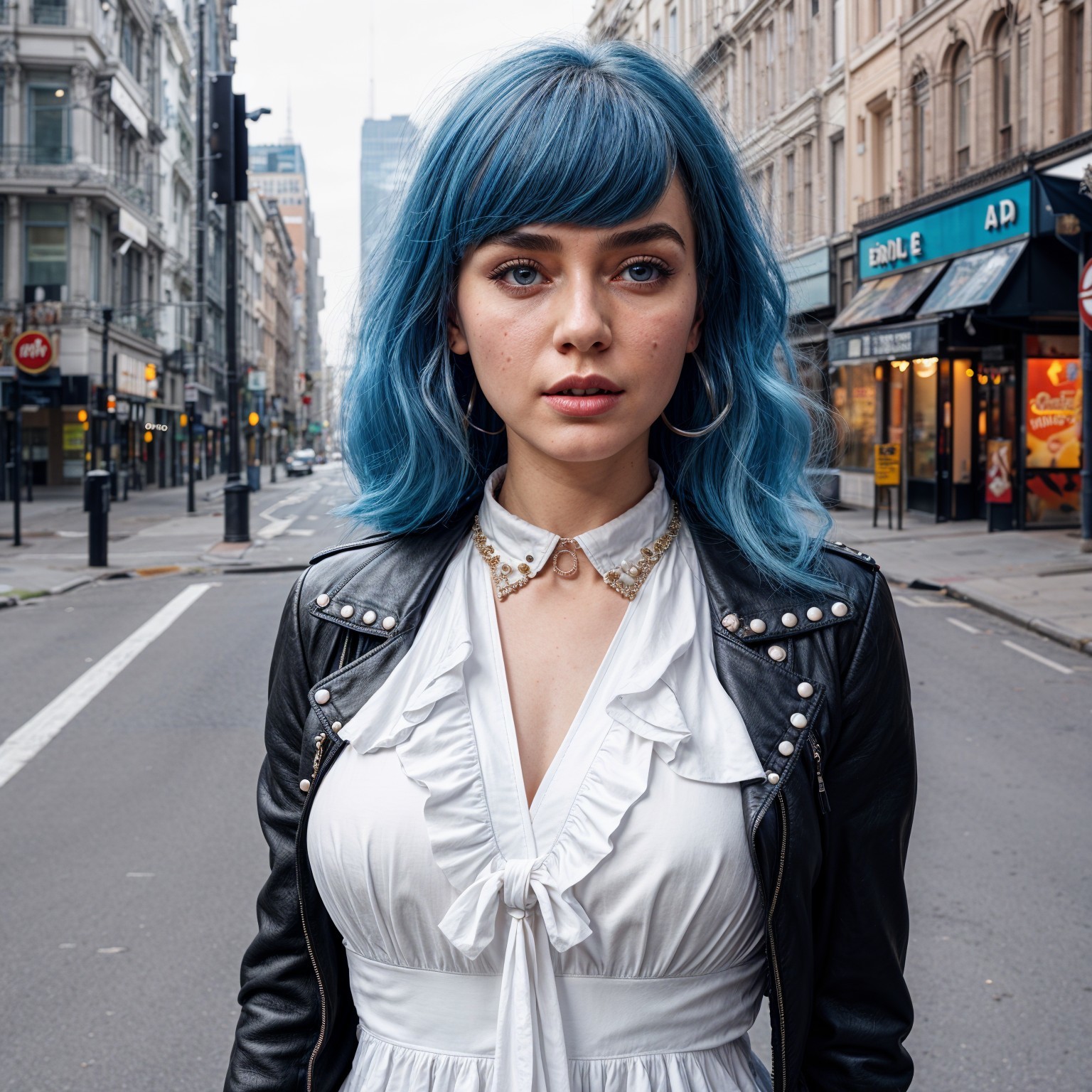 Young woman with blue hair in urban street scene