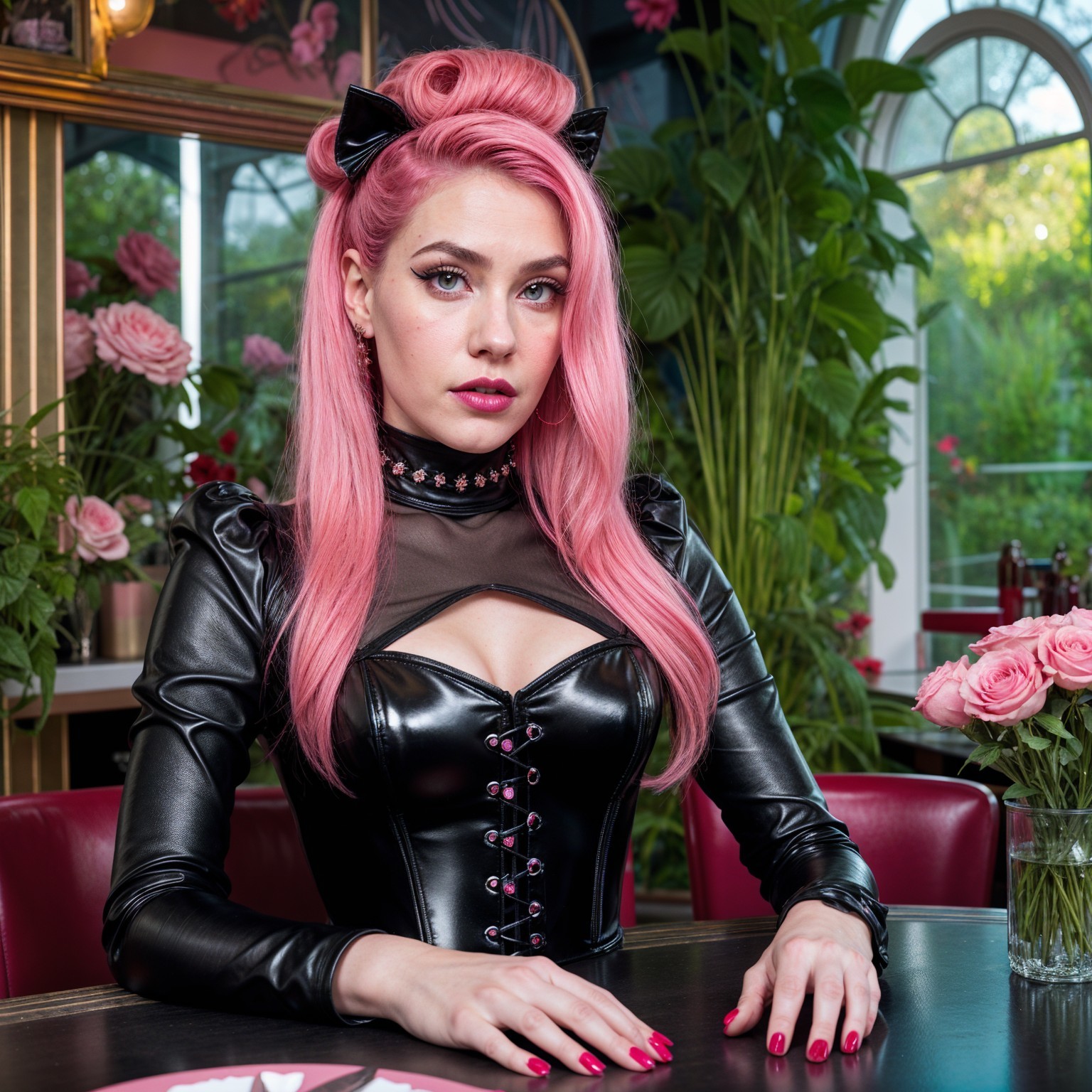 Stylish café scene with a confident woman in black leather