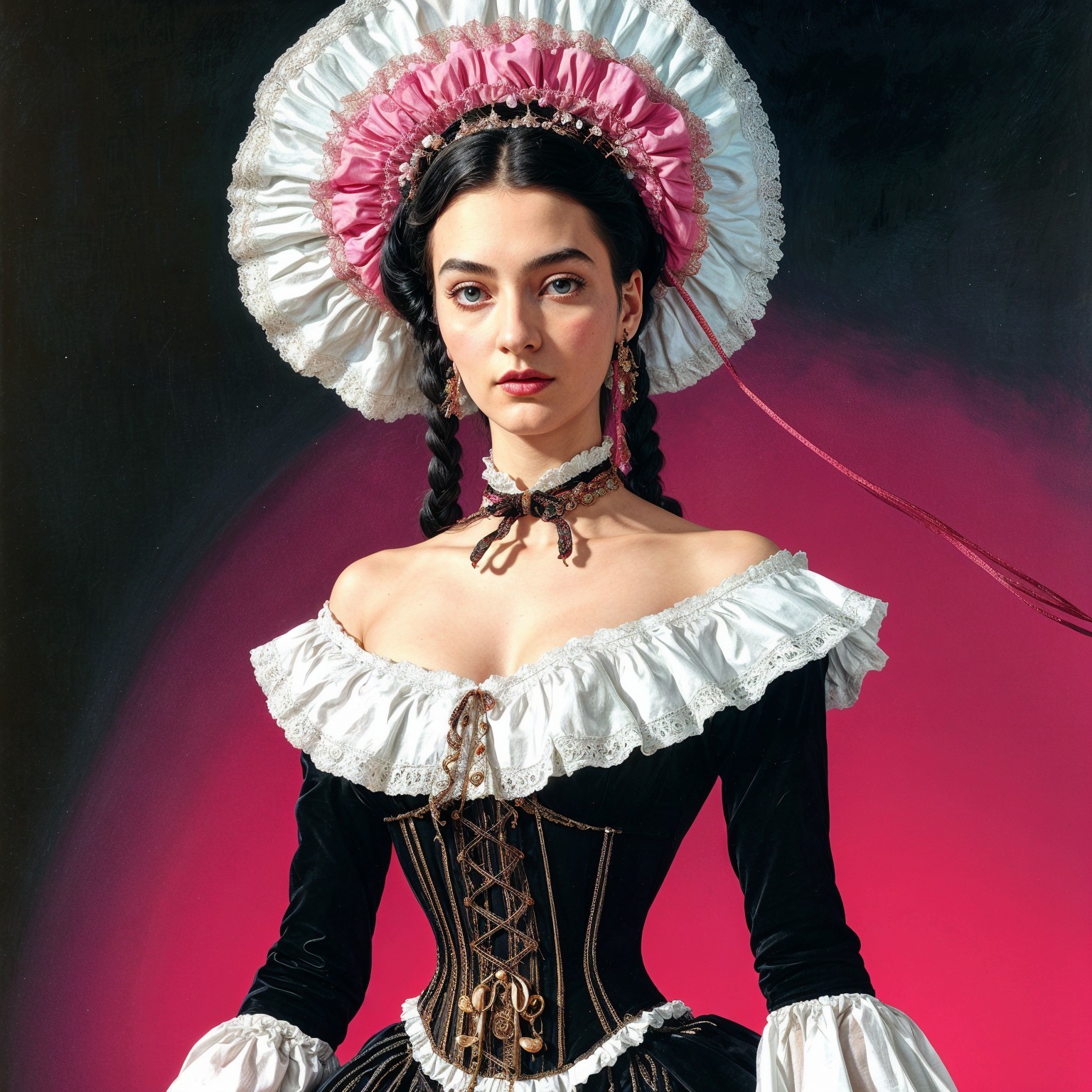 Historical Gown with Off-the-Shoulder Design and Hat