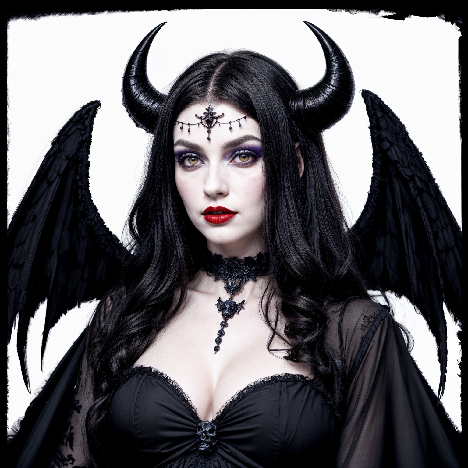 Elegant figure with dark hair, wings, and bold makeup
