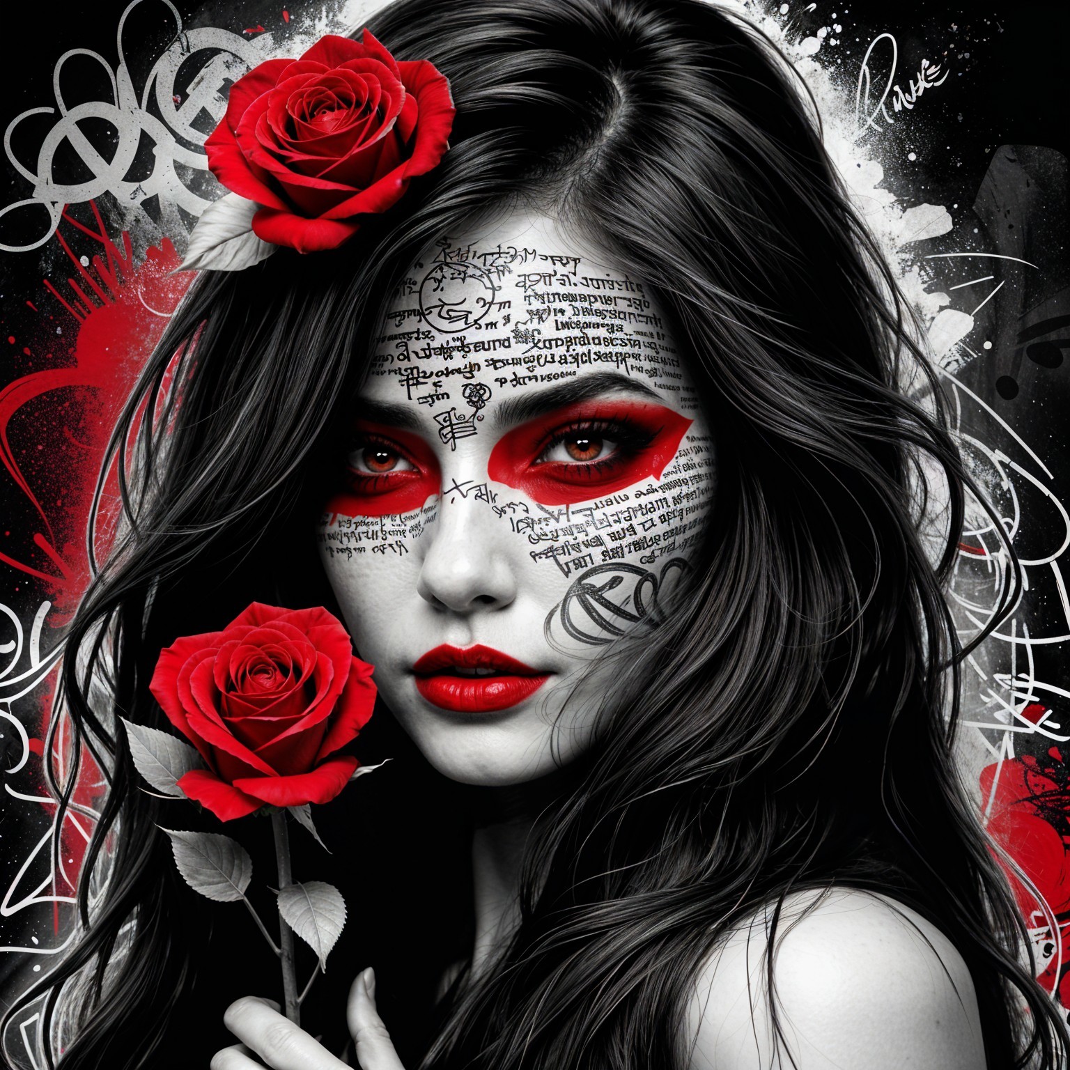 Striking Woman with Intricate Face Paint and Rose