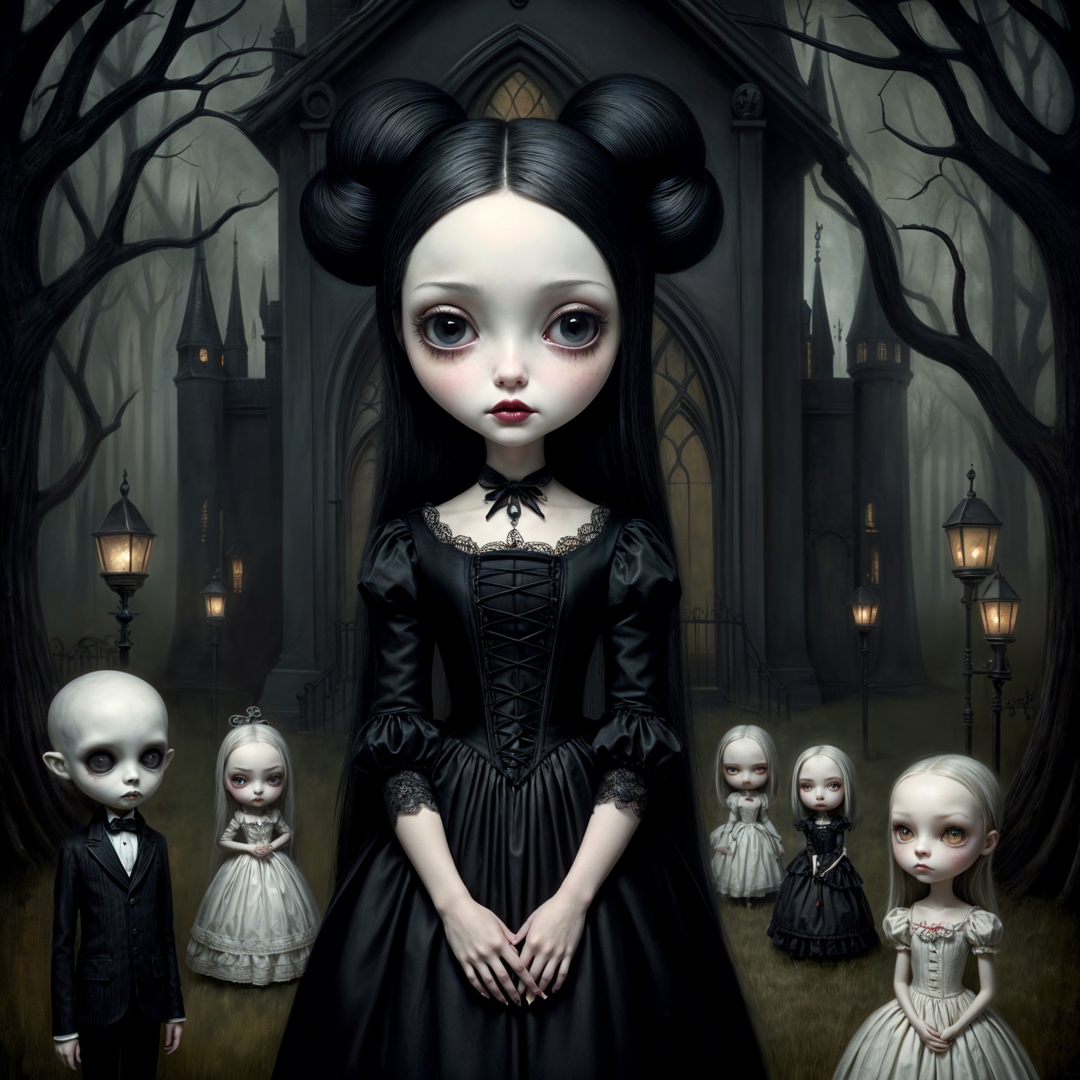 Gothic Scene with Girl and Eerie Dolls at Castle