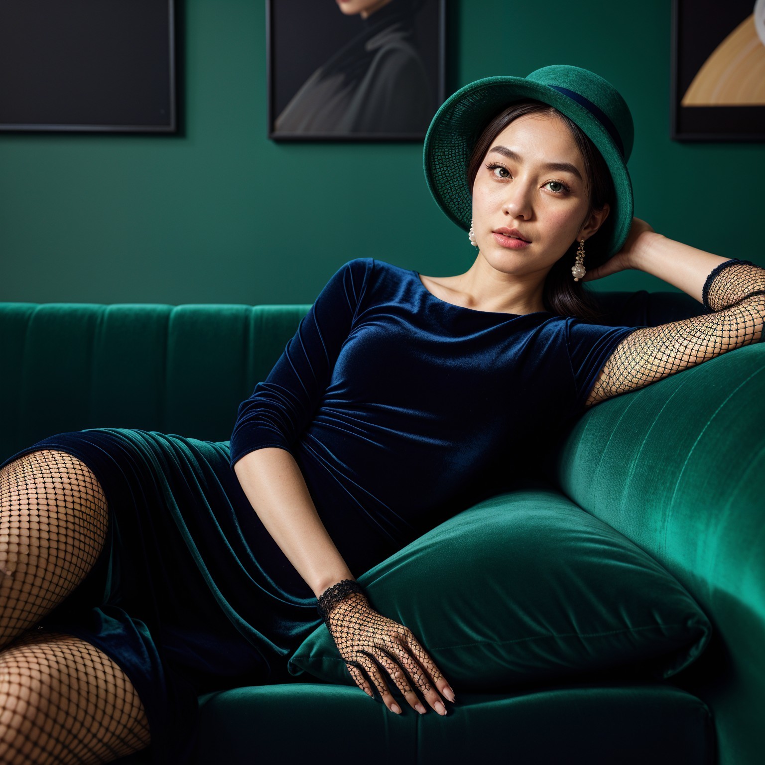 Sophisticated Woman in Navy Velvet Dress on Green Sofa