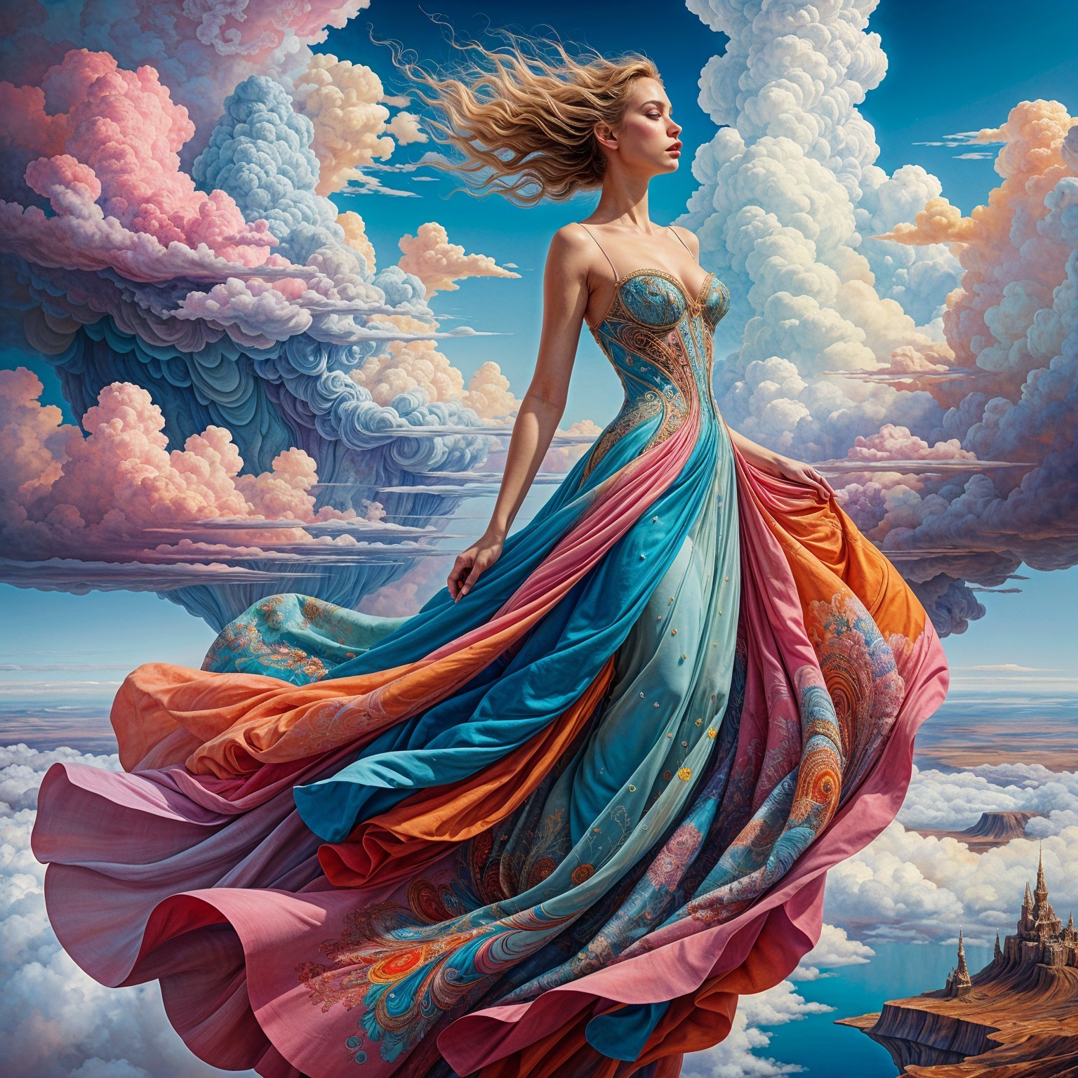 Dancer in Vibrant Gown Against Surreal Landscape