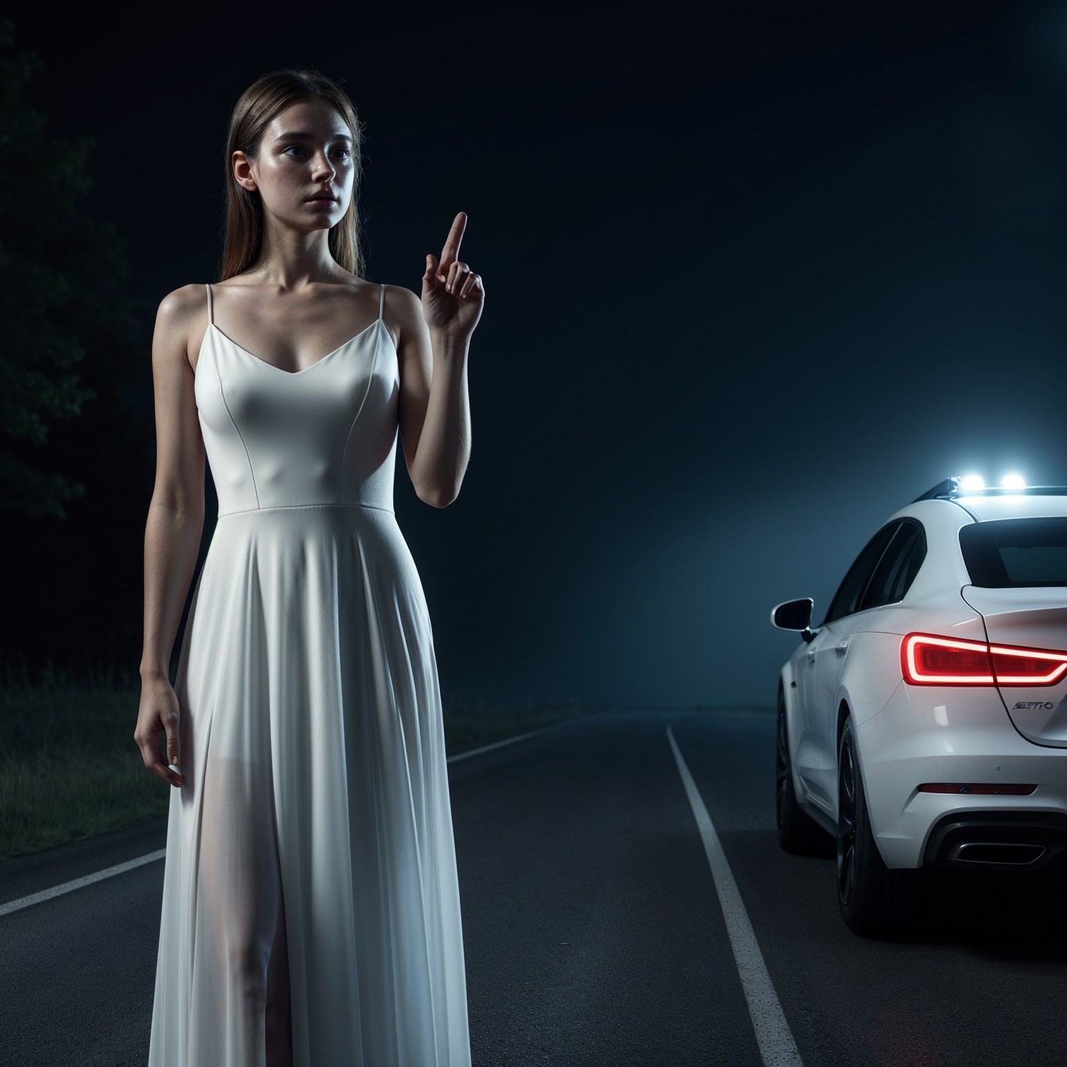 Woman in White Dress on Dimly Lit Night Road