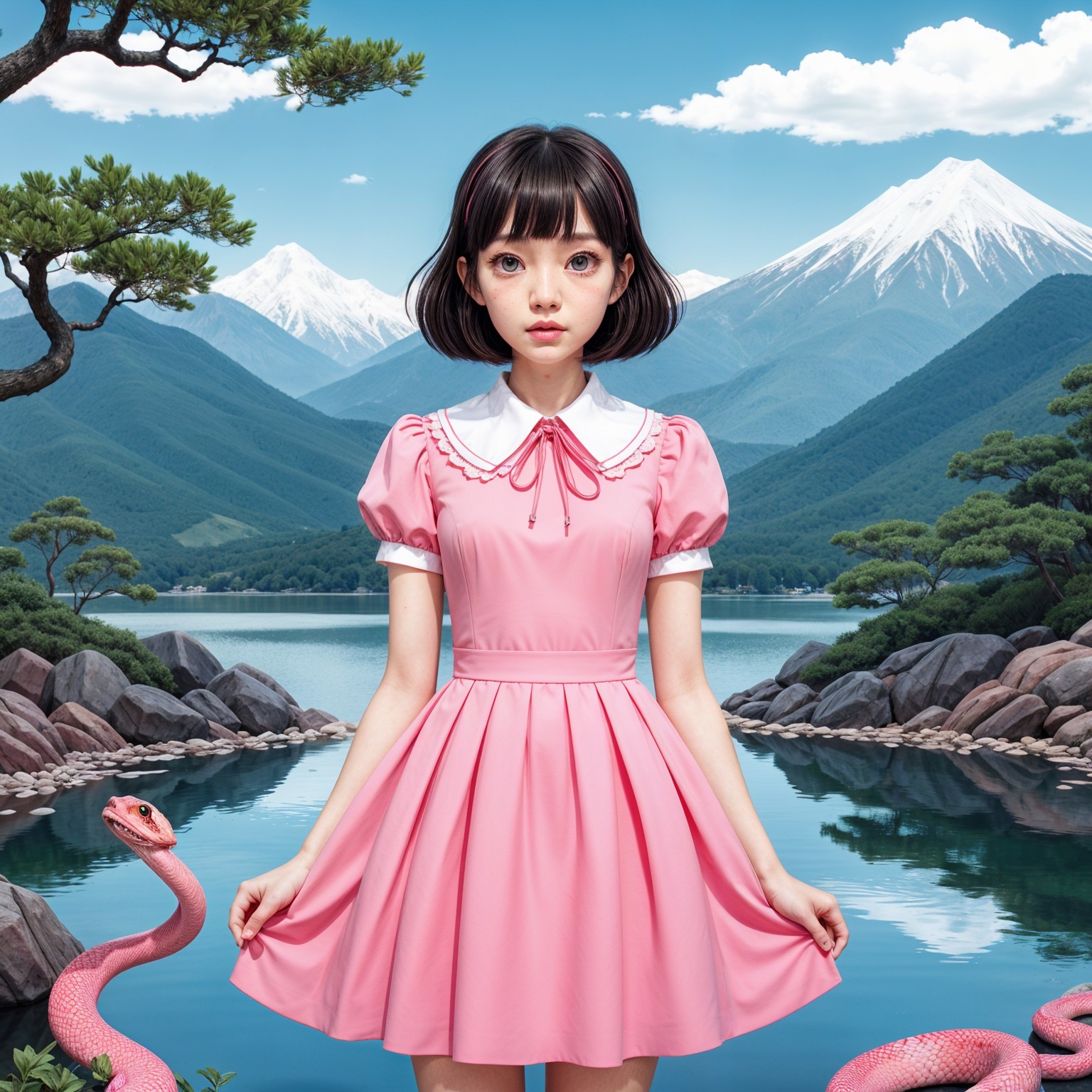 Girl in Pink Dress Surrounded by Flamingos and Nature