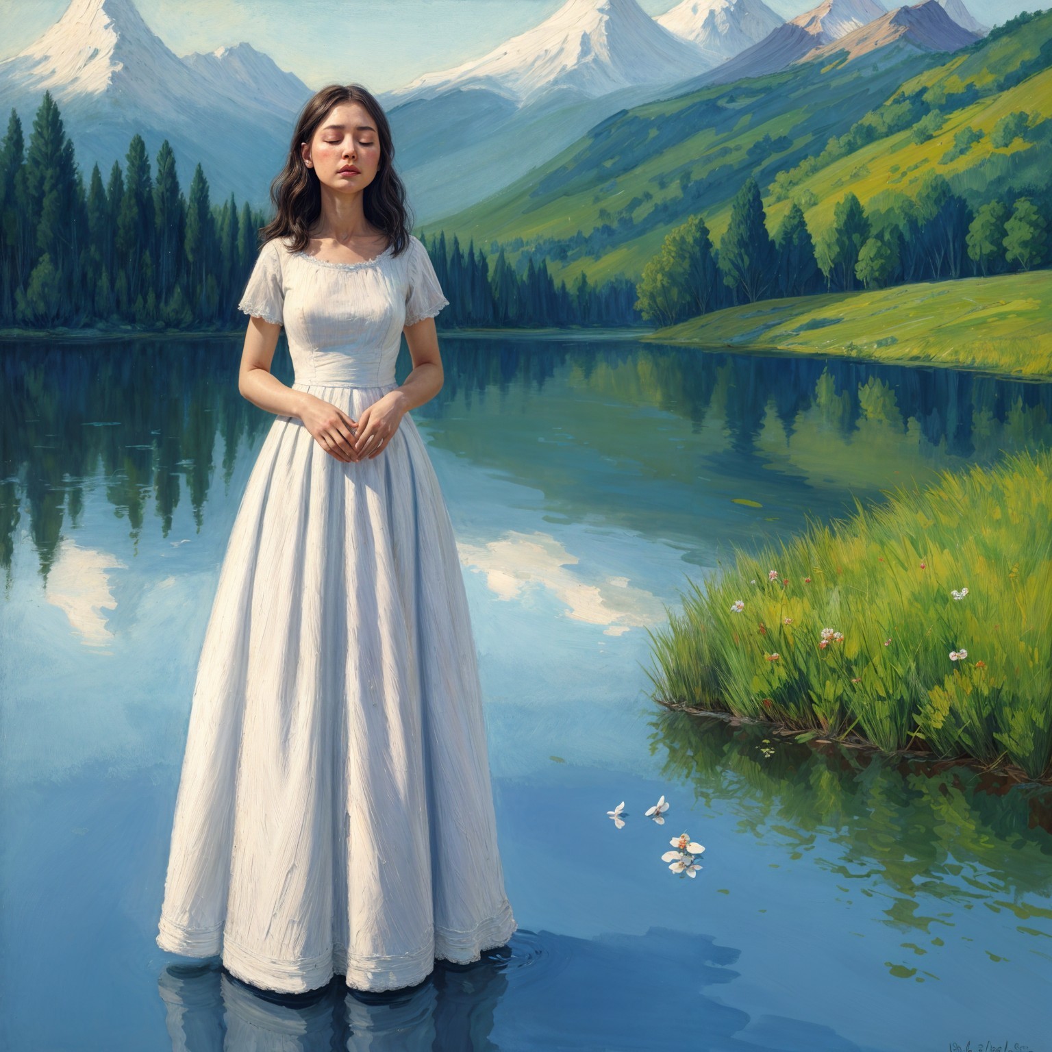 Serene Landscape with Woman in White Dress by Lake