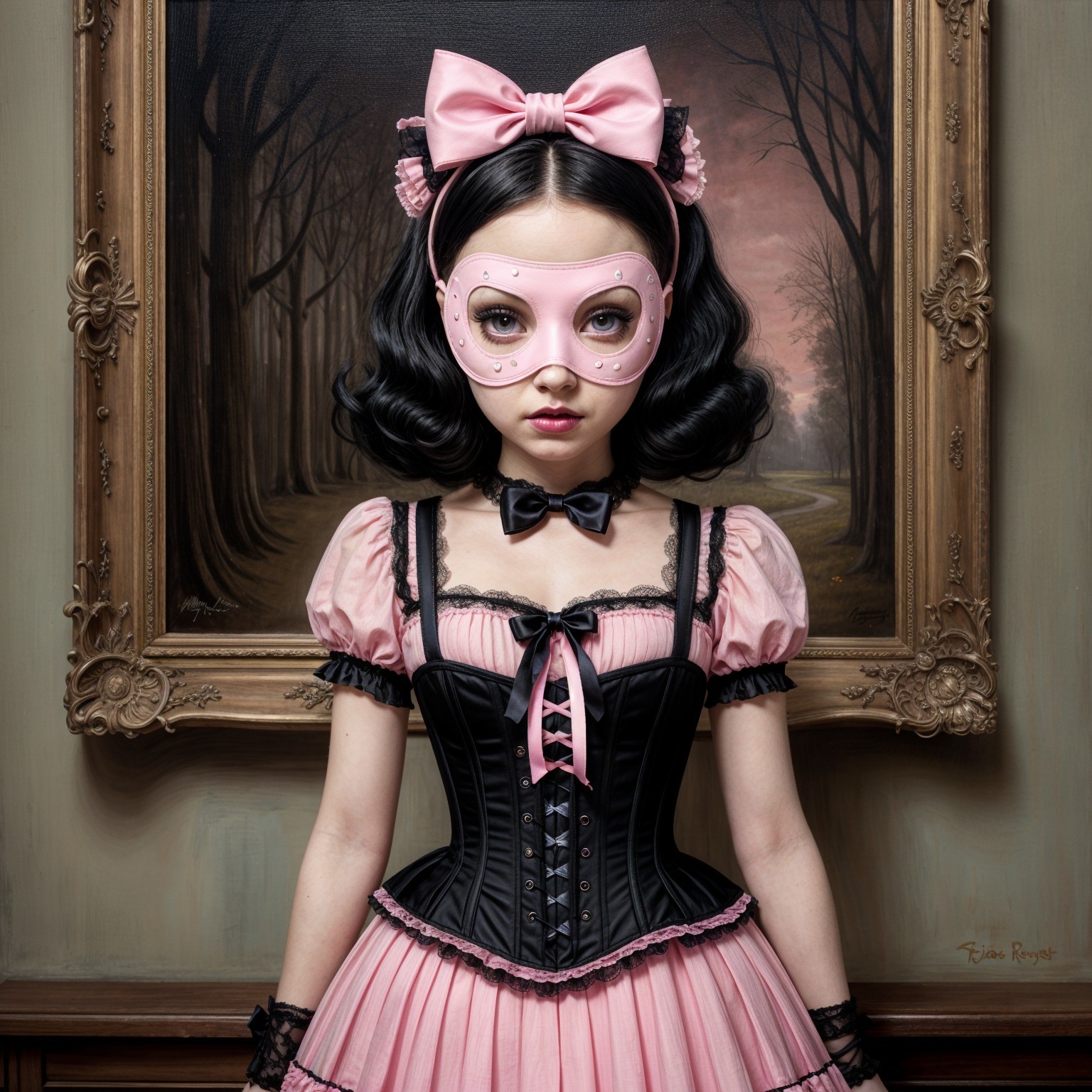 Young girl in vintage pink dress with gothic backdrop