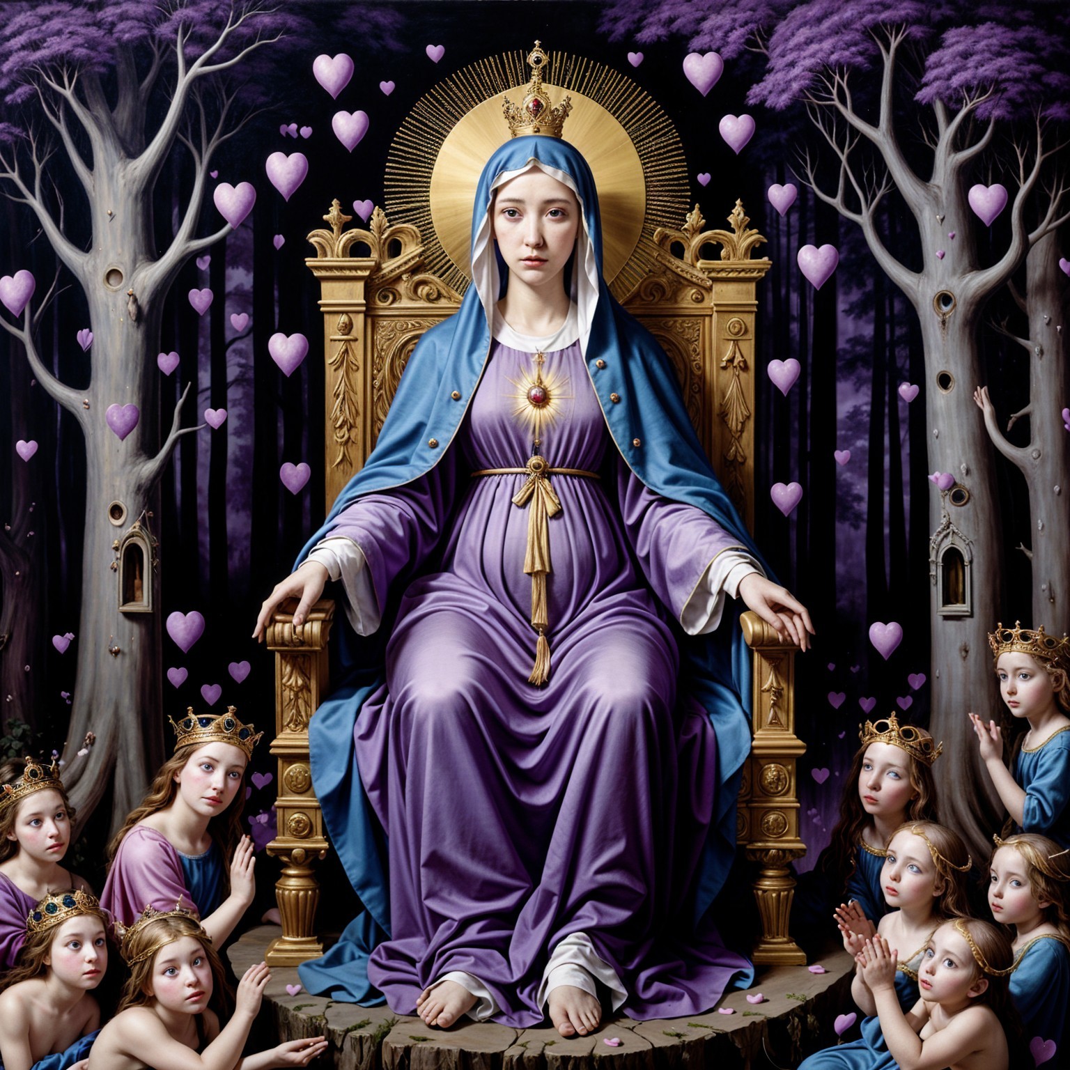 Regal figure on a golden throne with angelic figures