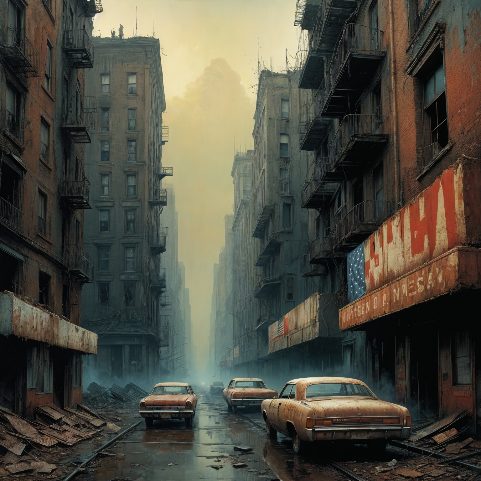 Desolate Urban Street with Abandoned Classic Cars