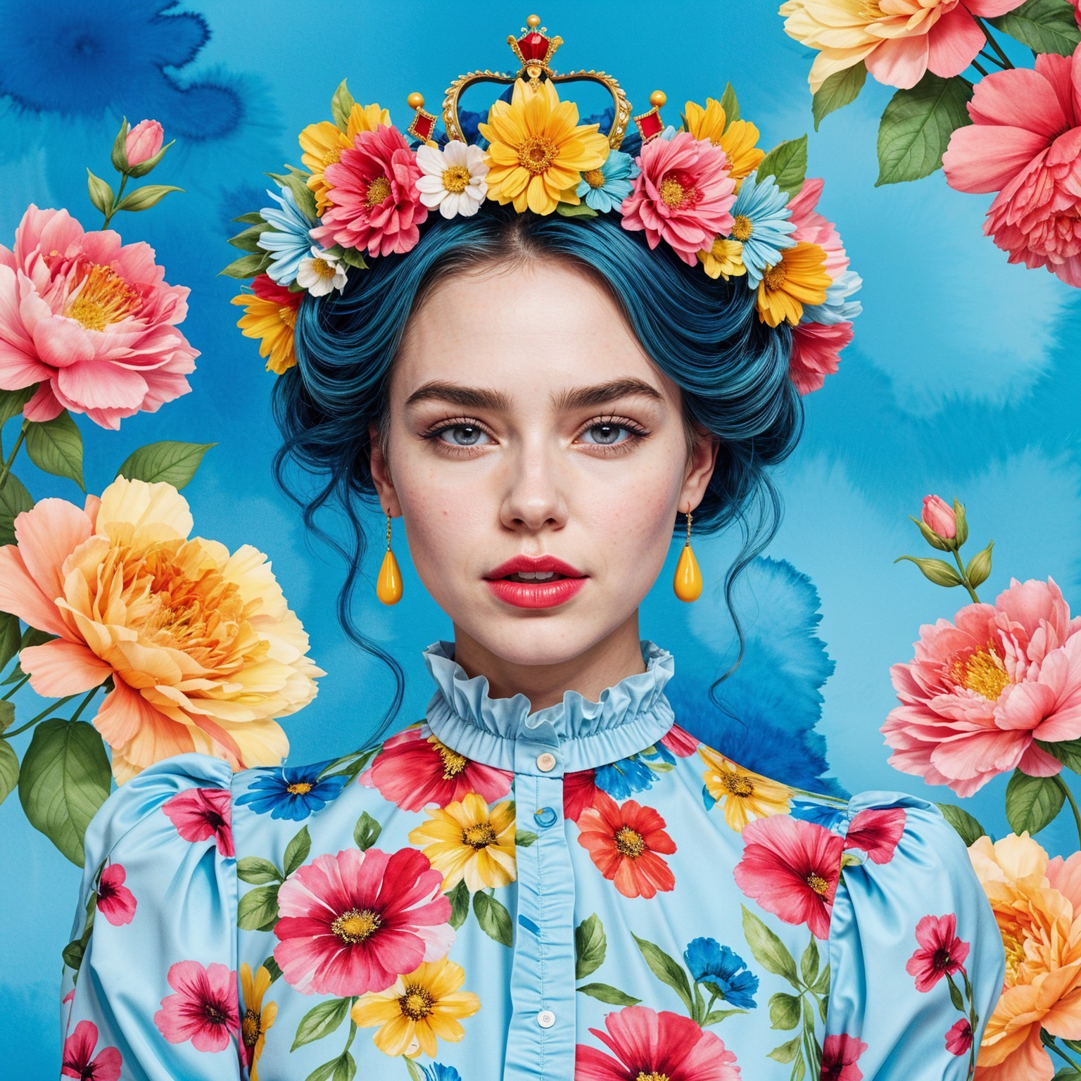 Young woman with blue hair and floral crown