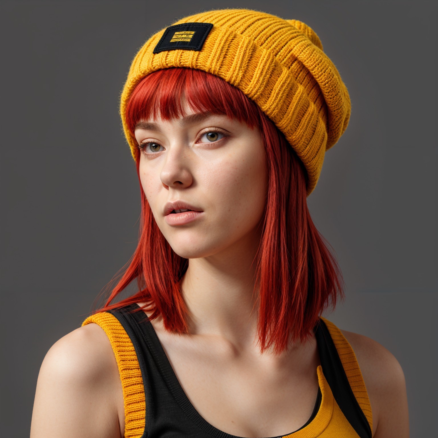 Young woman with red hair in yellow beanie and tank top