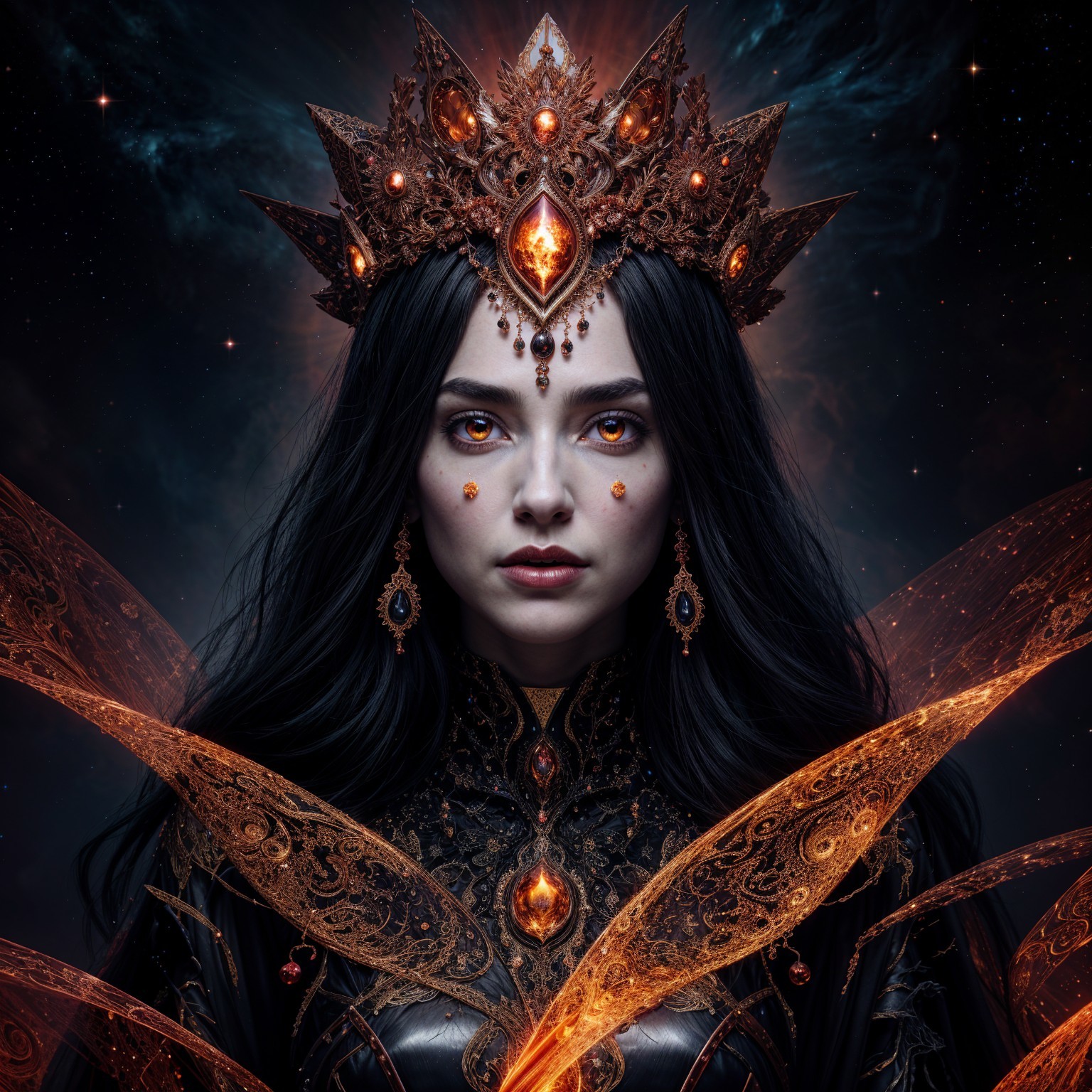 Otherworldly Figure with Fiery Crown and Cosmic Elements