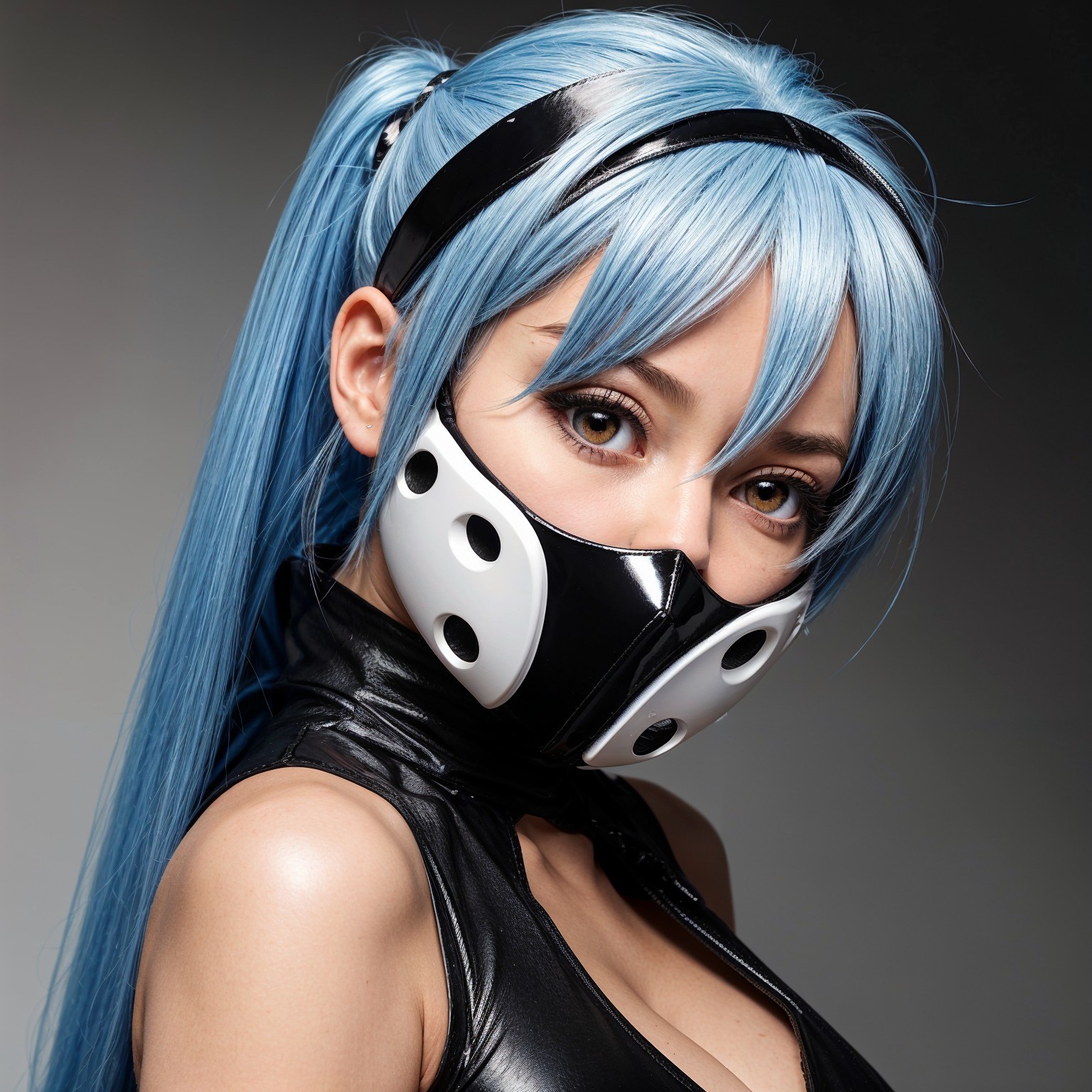 Woman with Blue Hair and Half-Face Mask in Black Outfit