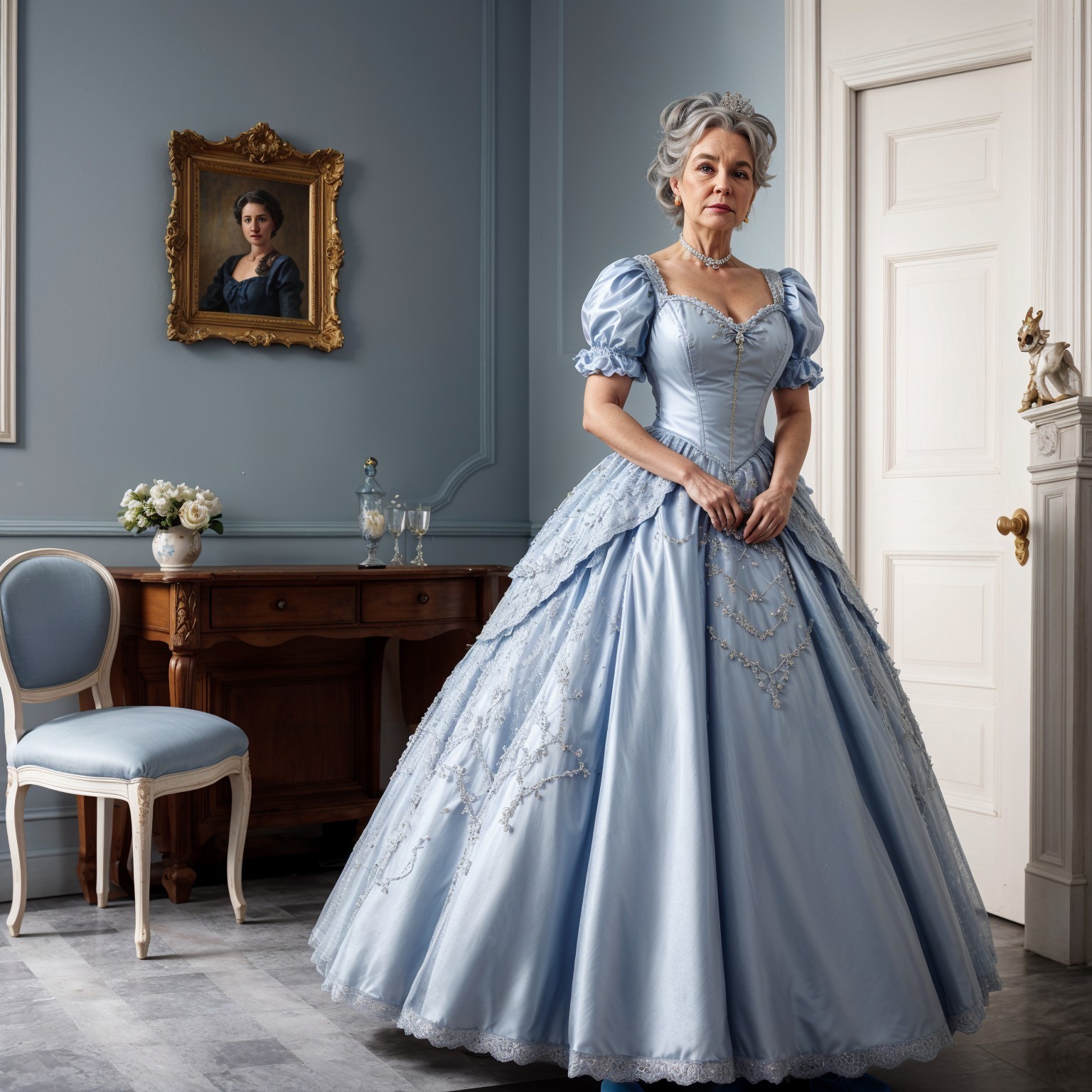 Elegant Woman in Light Blue Ball Gown in Vintage Room