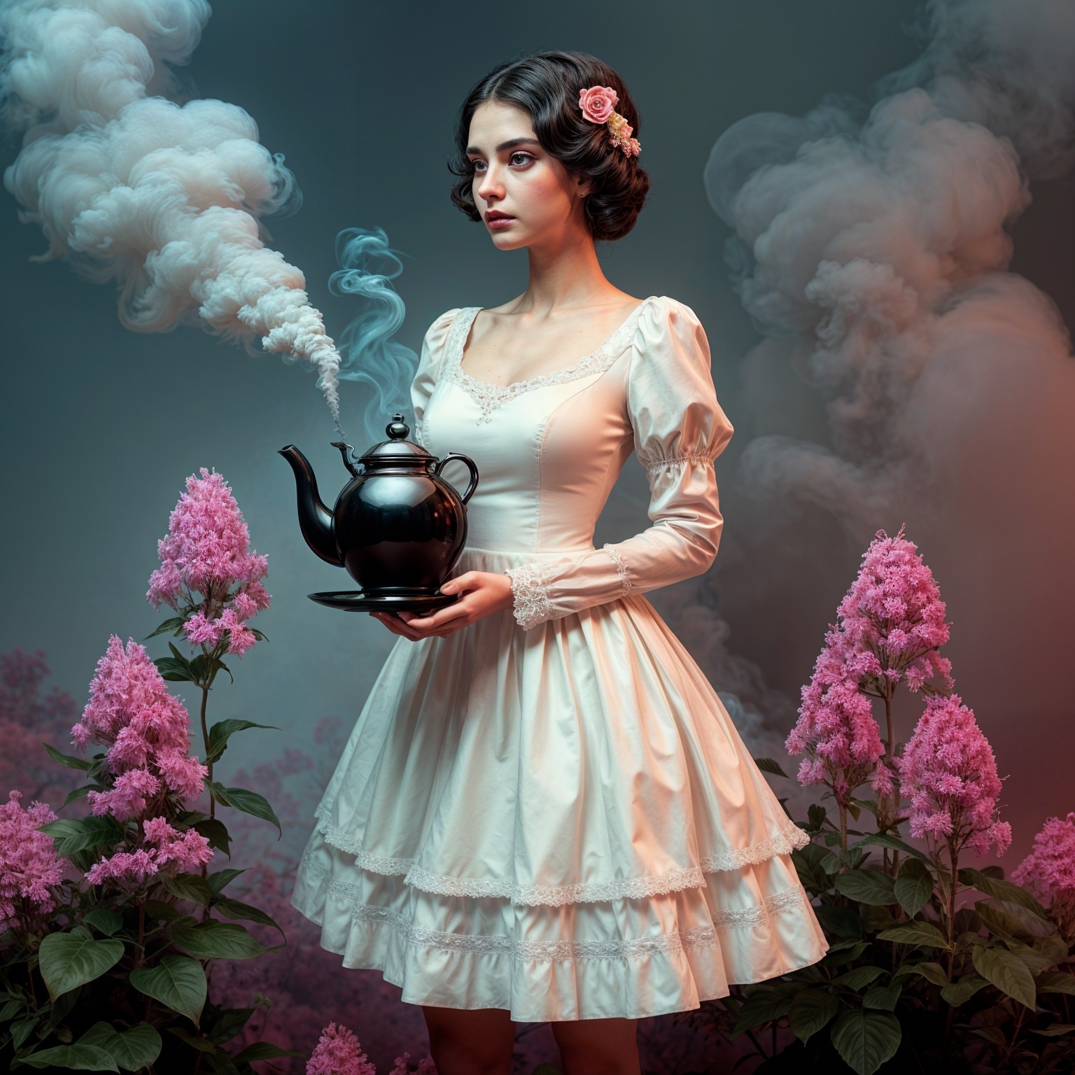 Young Woman in Vintage Dress with Black Teapot and Flowers