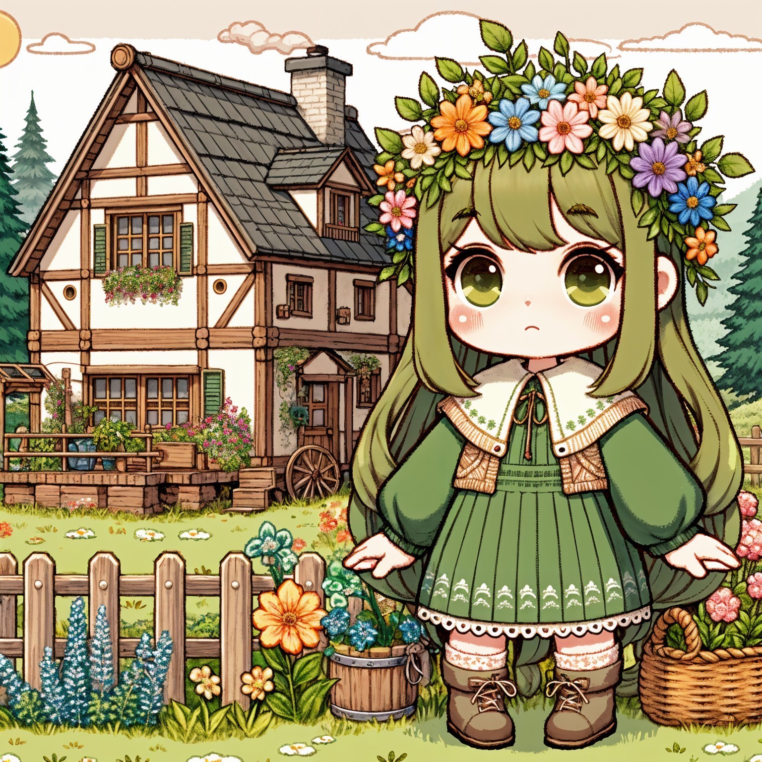 Character with Green Hair in Rustic House Setting