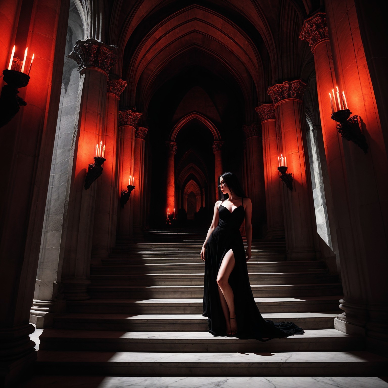 Elegant Woman in Black Gown in Dark Candlelit Corridor