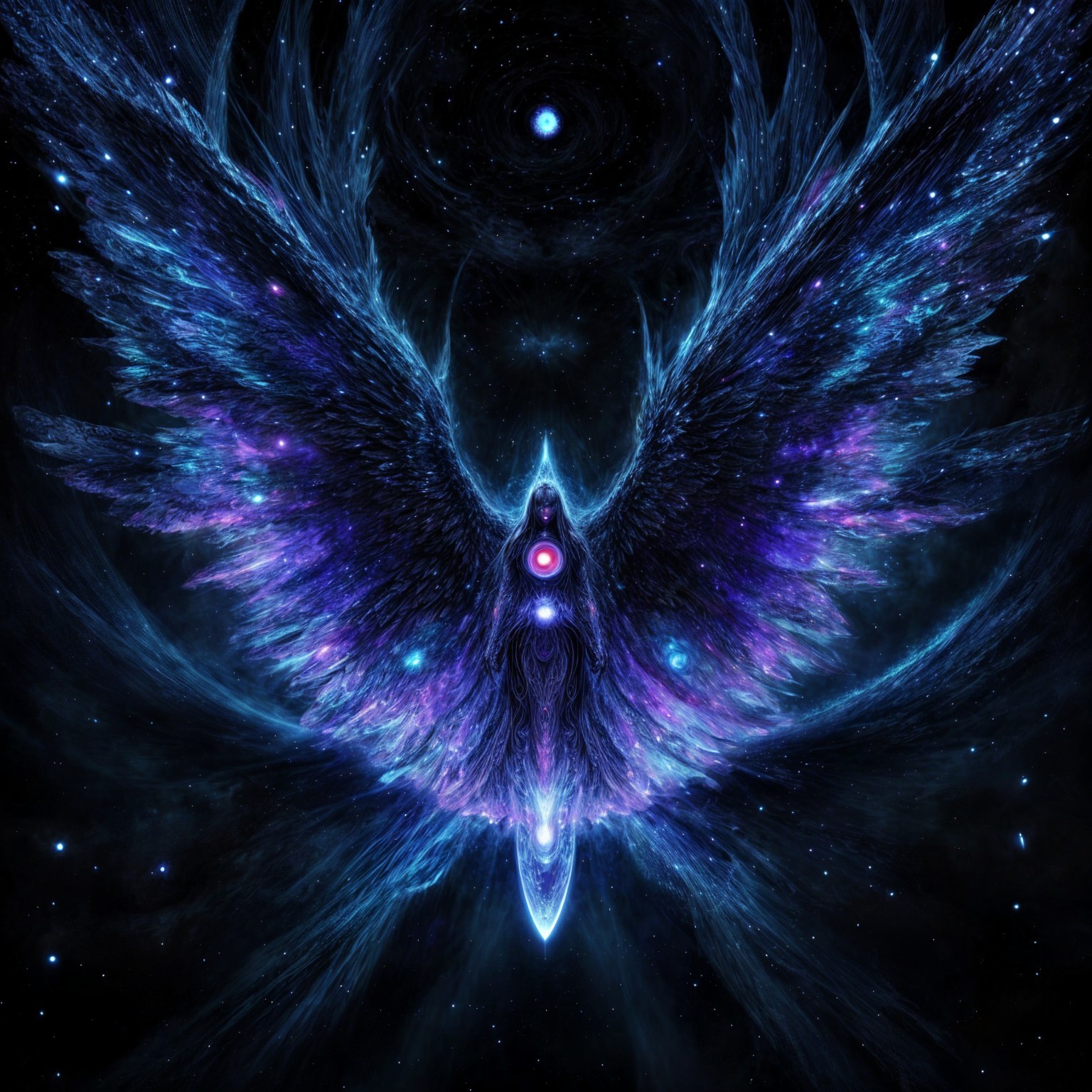 Ethereal Bird with Cosmic Wings and Radiant Orb