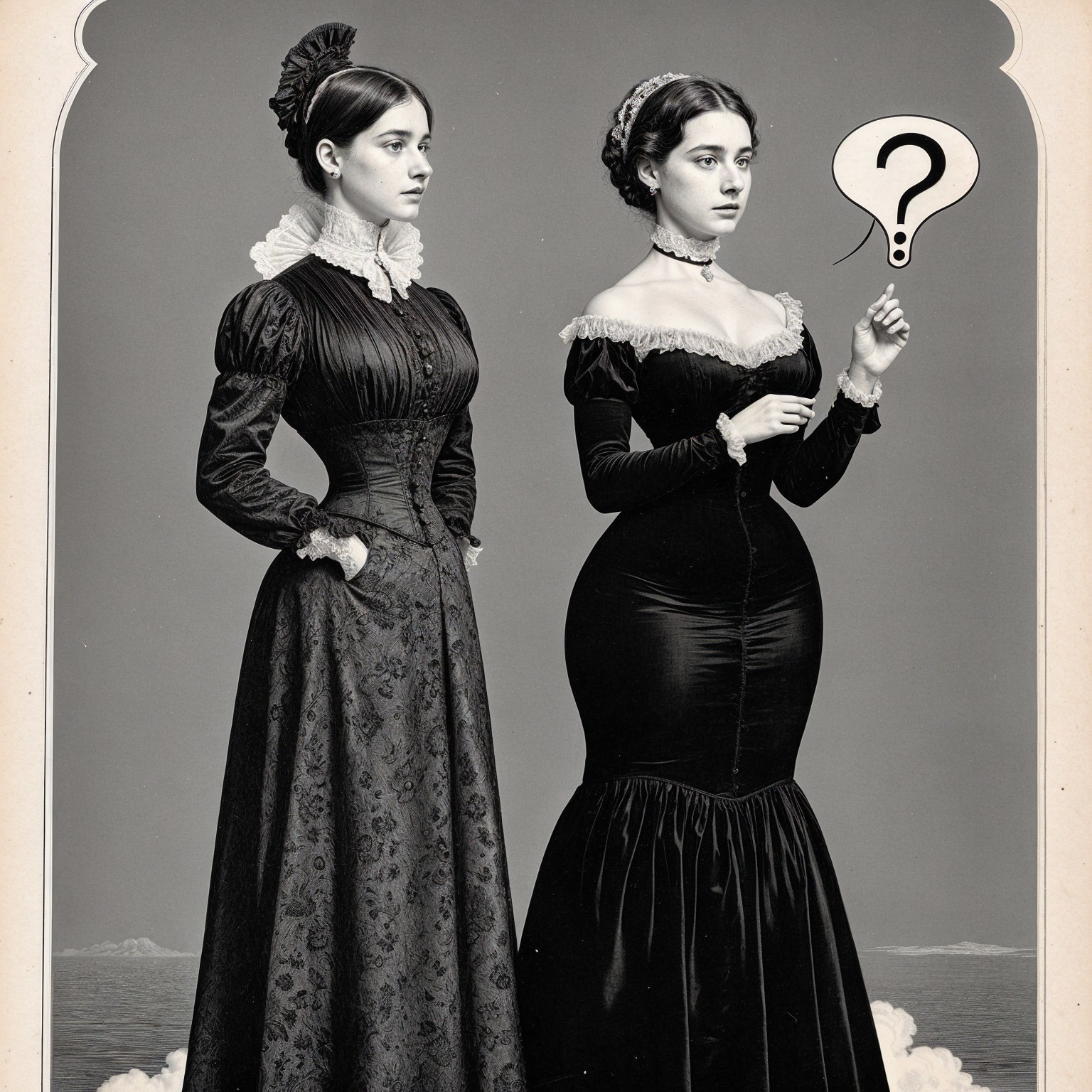 Victorian-style attire worn by two elegantly dressed women