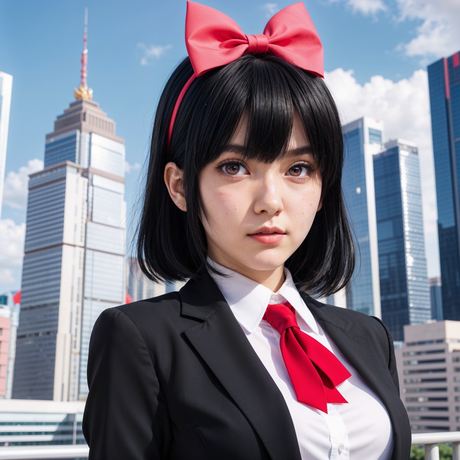 Confident Young Woman in Blazer with City Skyline