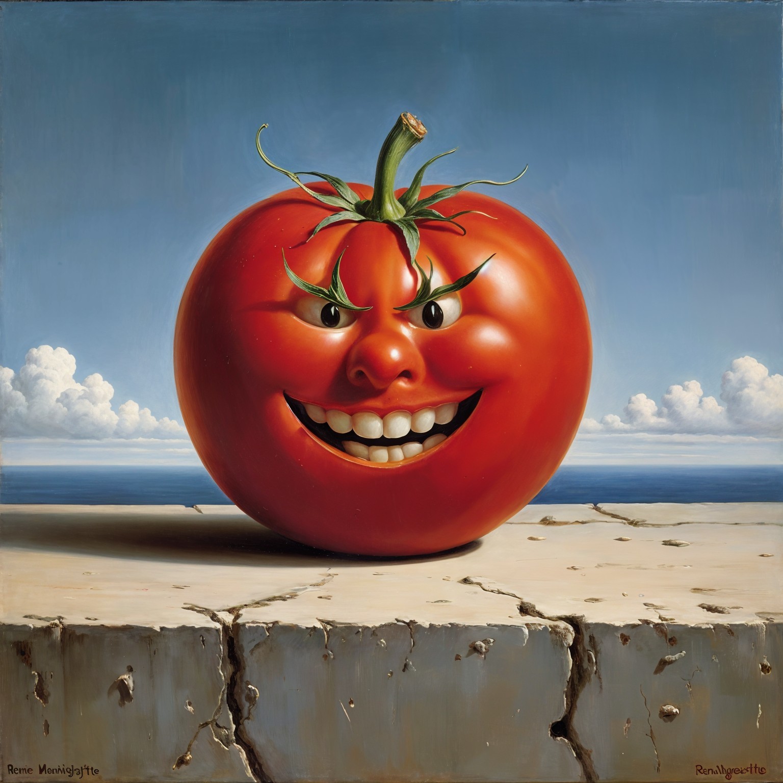 Cartoonish Tomato Character on Cracked Surface Scene