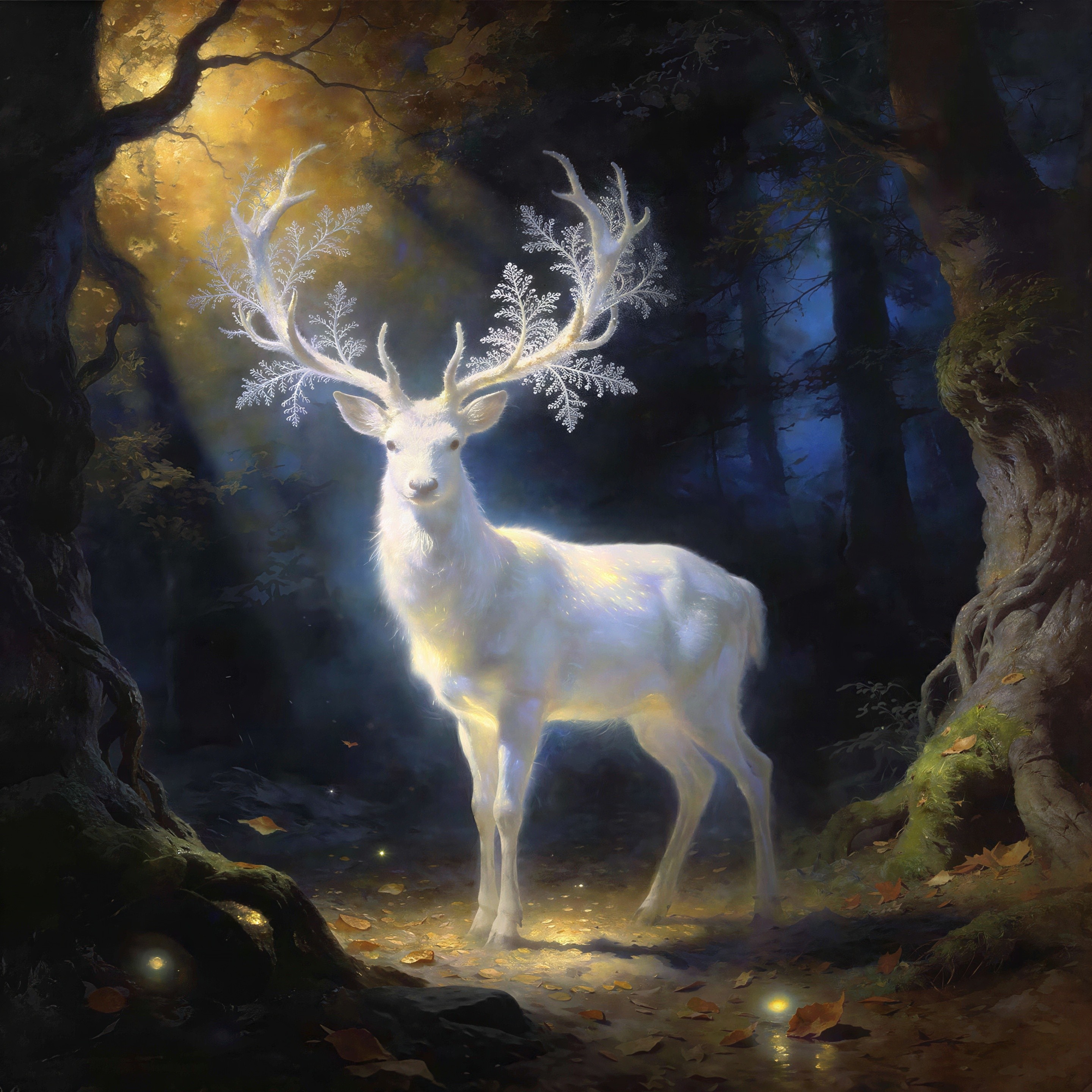 Majestic White Deer in a Mystical Forest Setting