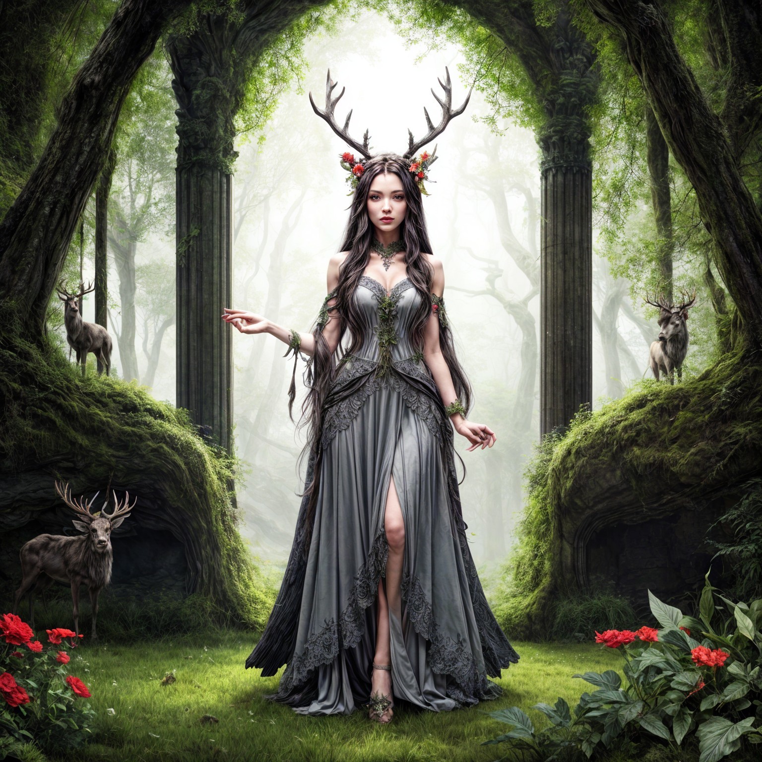 Mystical Forest Scene with Elegant Figure and Deer