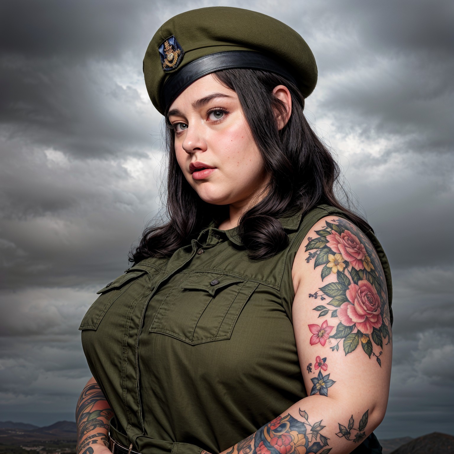 Confident Woman in Military Attire with Floral Tattoos